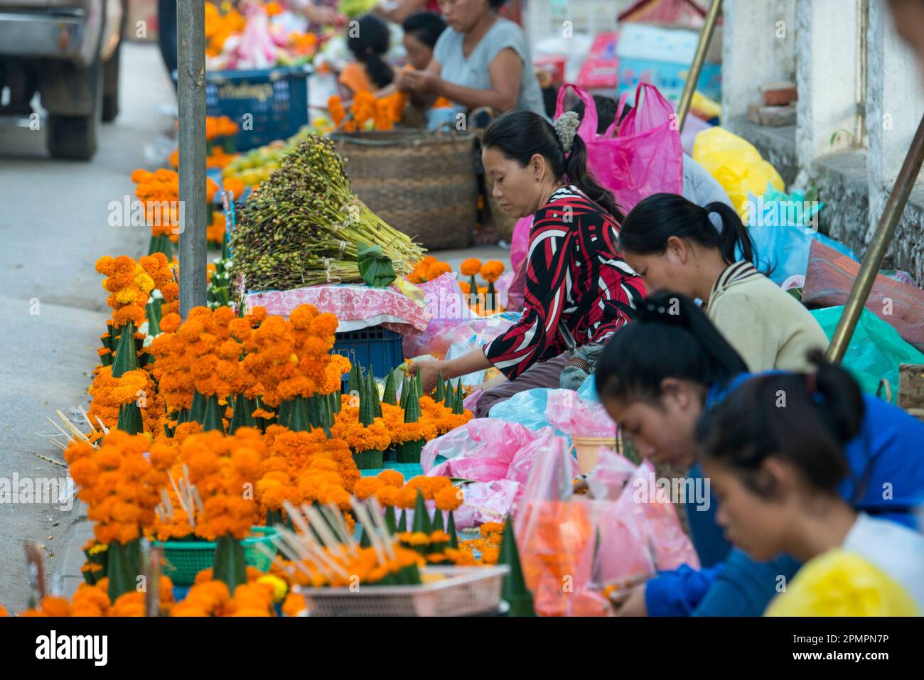 Femmes vendant des fleurs dans un marché de rue ; Luang Prabang, Laos Banque D'Images