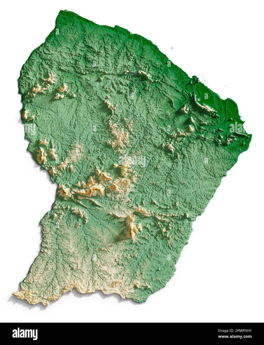 Guyane française. Rendu détaillé en 3D d'une carte de relief ombrée avec des rivières et des lacs. Coloré par élévation. Arrière-plan blanc. Créé avec données satellite. Banque D'Images