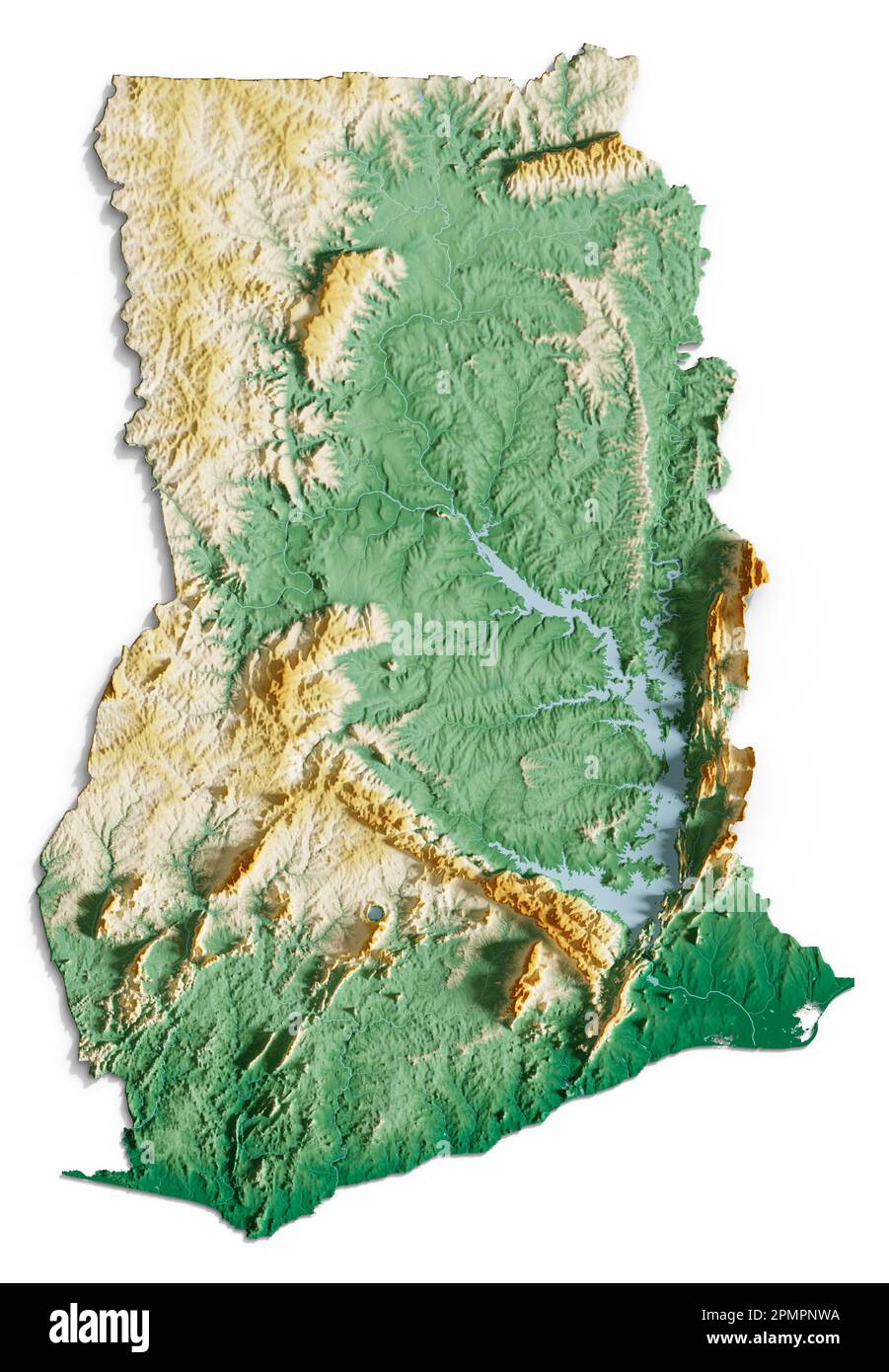 Ghana. Rendu détaillé en 3D d'une carte de relief ombrée avec des rivières et des lacs. Coloré par élévation. Arrière-plan blanc. Créé avec des données satellite. Banque D'Images