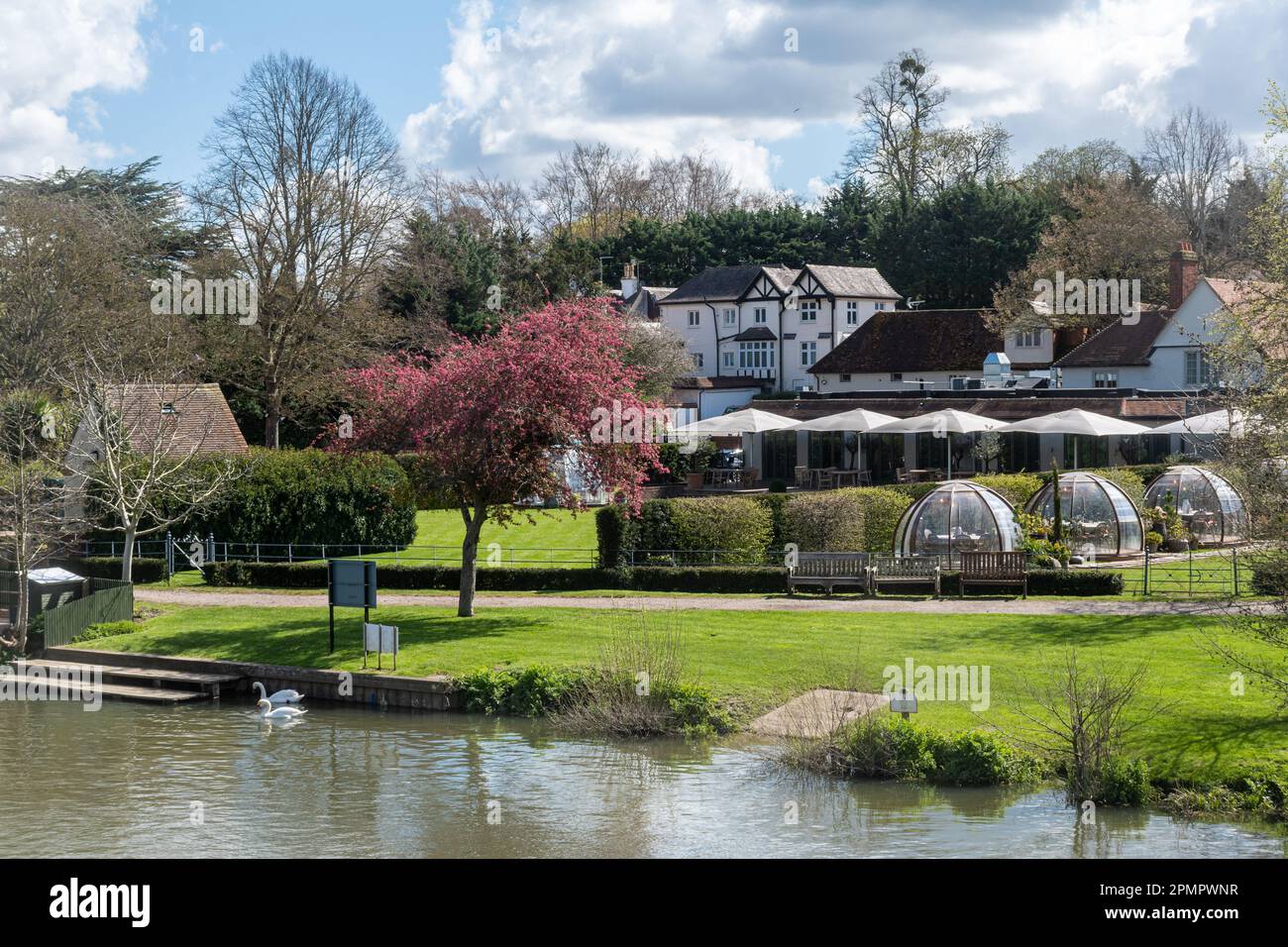 Vue sur la Tamise et le jardin au bord de la rivière du restaurant Coppa Club à Sonning-on-Thames, Berkshire, Angleterre, Royaume-Uni Banque D'Images