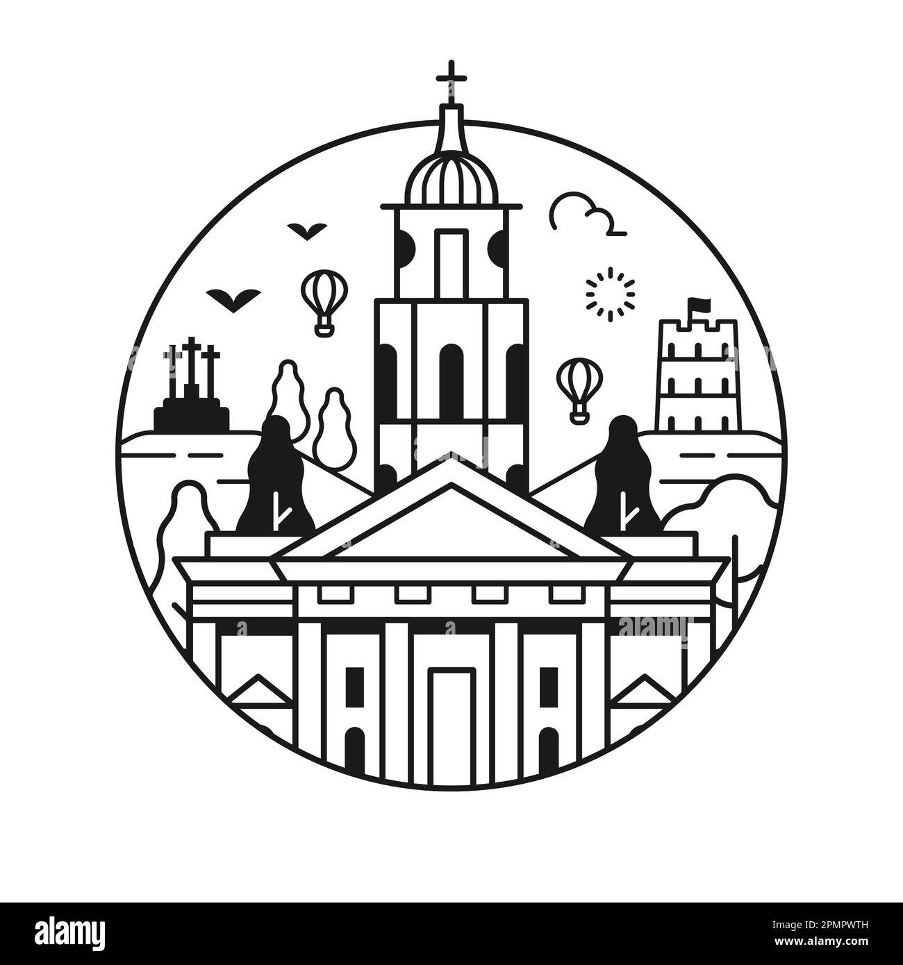 Voyagez l'icône de Vilnius avec la cathédrale et la colline de la Tour Illustration de Vecteur