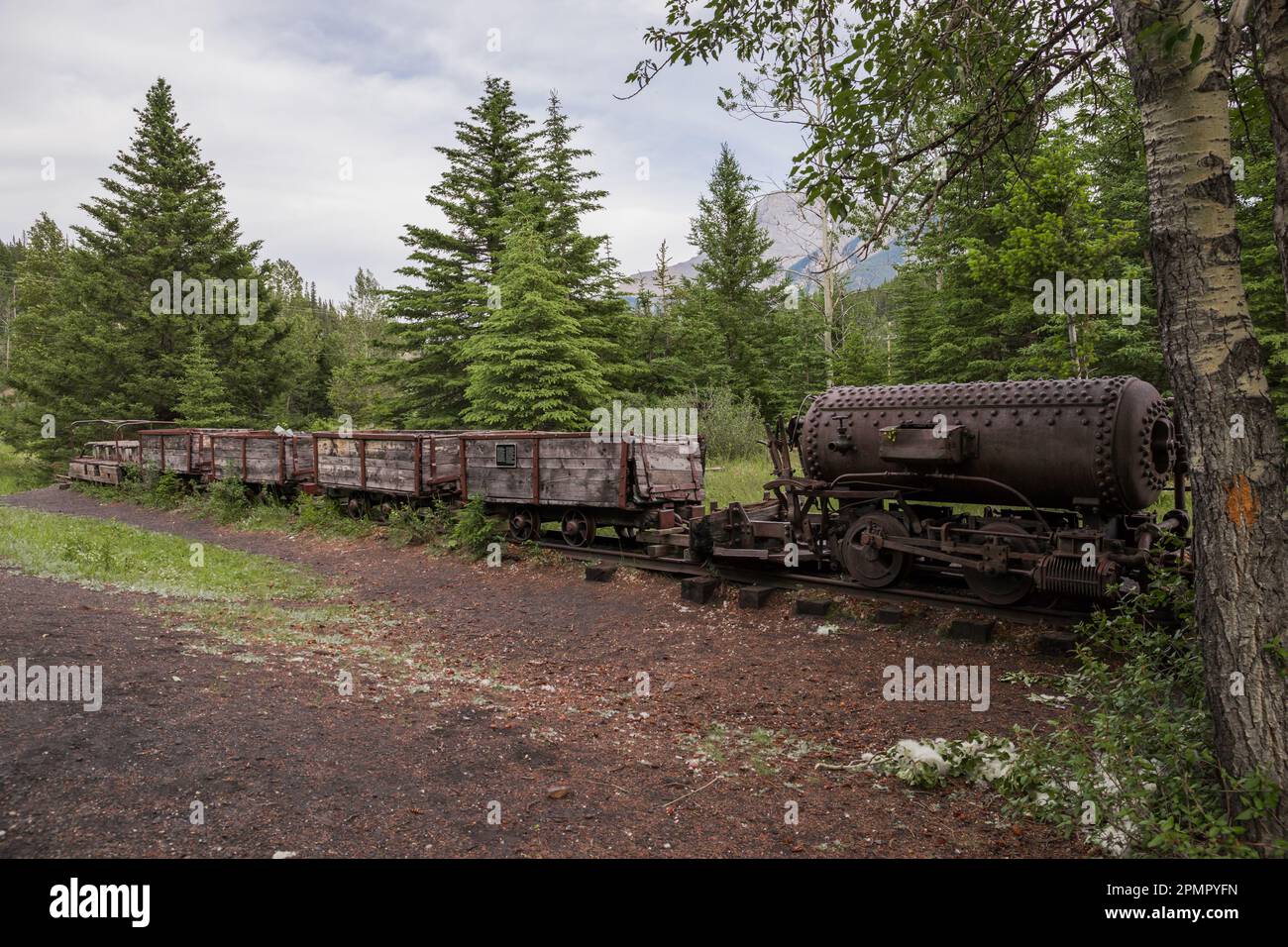 Vieux train rouillé - locomotive à vapeur. Une mine de charbon abandonnée envahie par la forêt dans les montagnes. Un lieu mystique. Banque D'Images