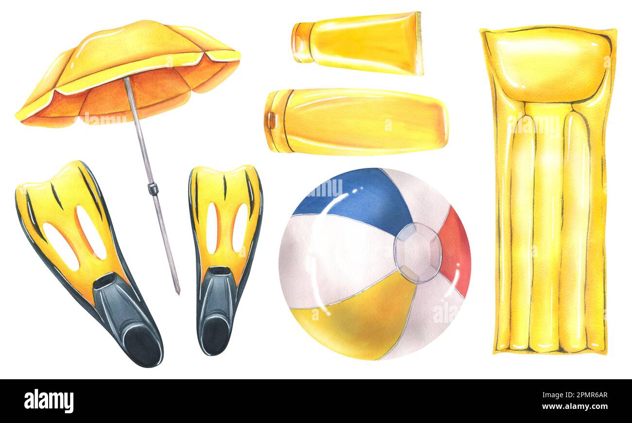 Ensemble d'accessoires de plage matelas gonflable jaune pour la natation,  parasol, palmes, ballon gonflable et crème solaire. Illustration aquarelle,  main Photo Stock - Alamy