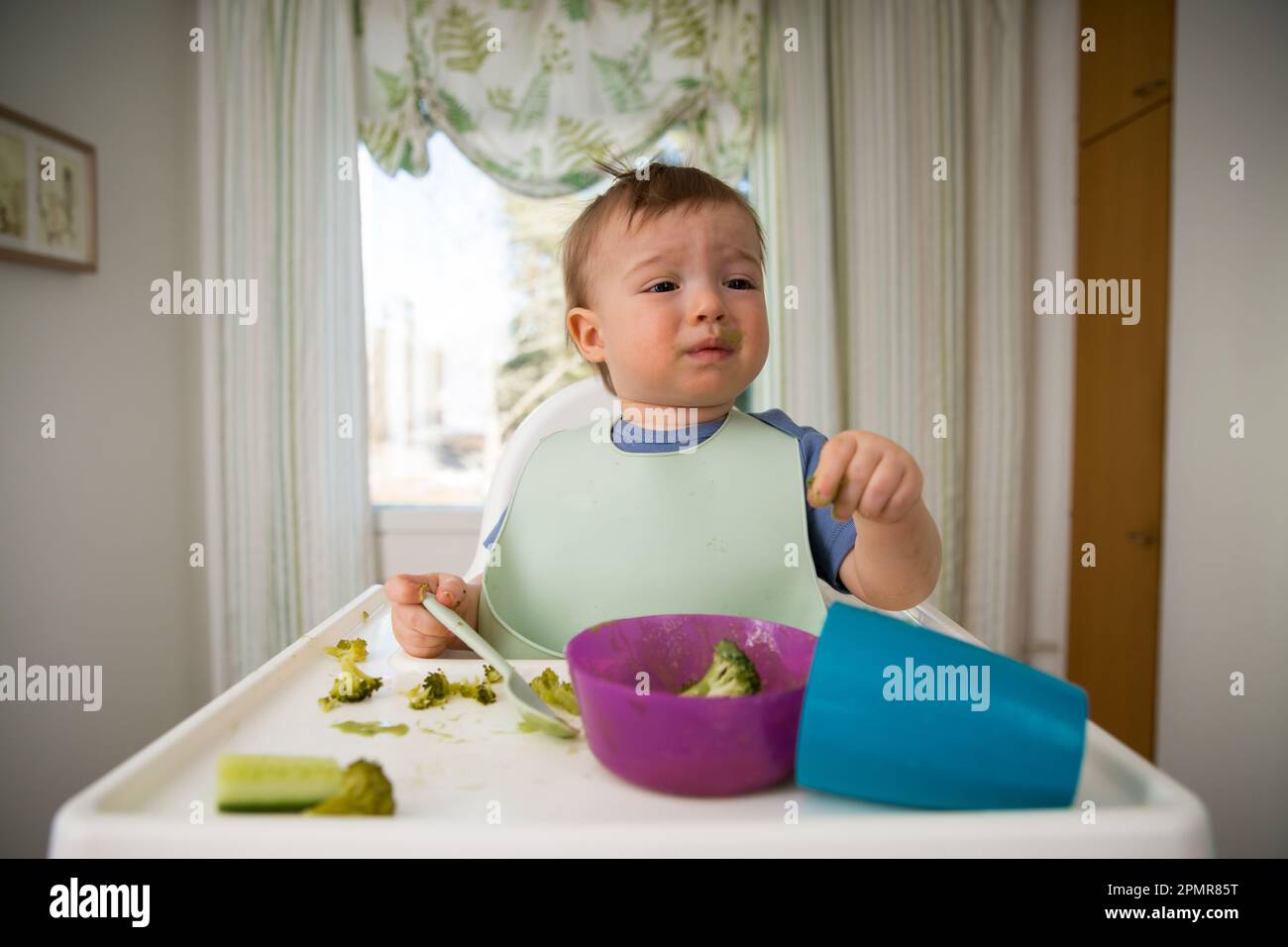 Bébé mignon mangeant avec la première nourriture solide, bébé assis dans une chaise haute. L'enfant ne veut pas manger, refuse de manger, se fait des visages. Intérieur de cuisine confortable. Banque D'Images