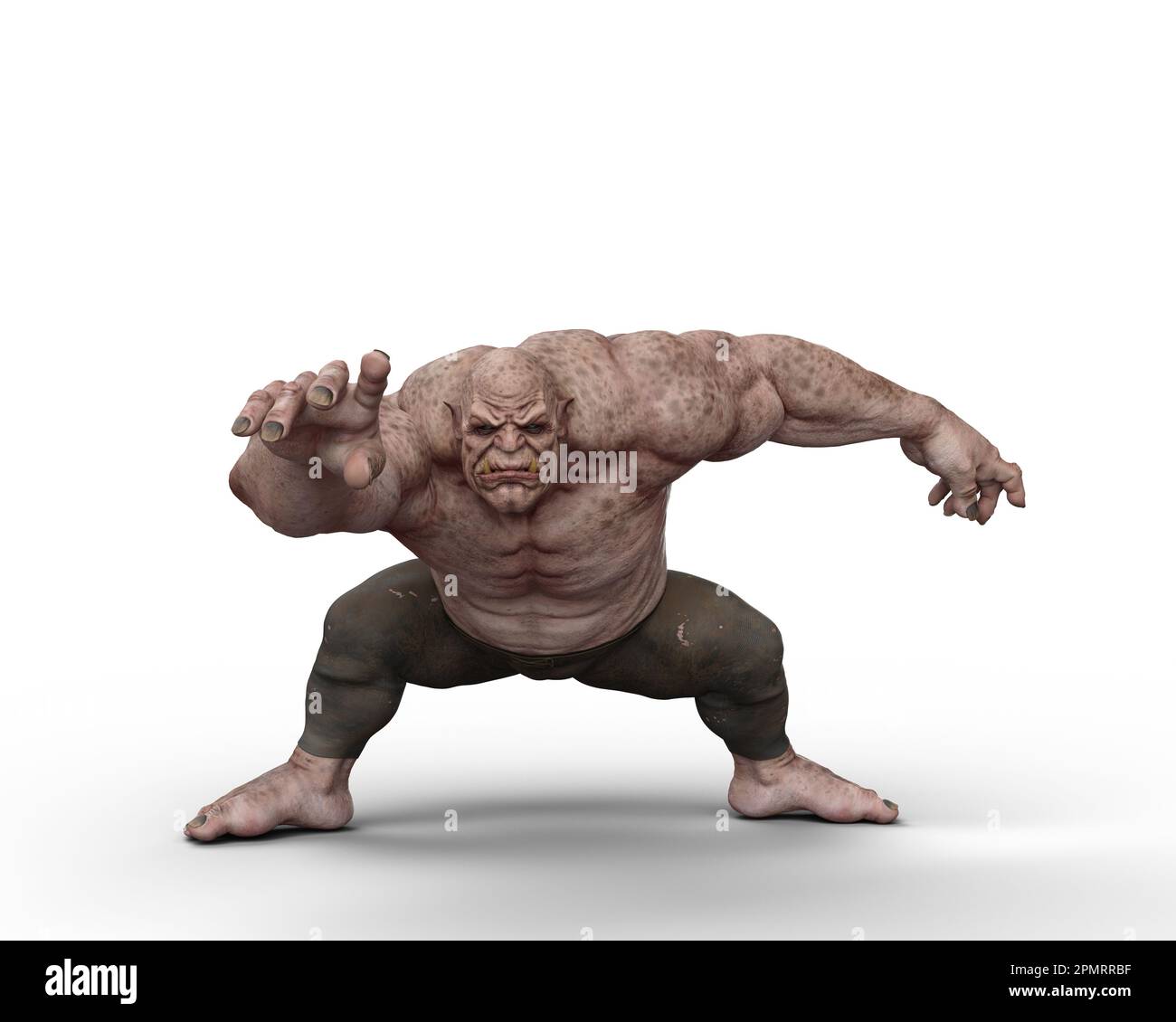 Une créature fantaisiste d'ogre géante en posture accroupante. 3D illustration isolée sur fond blanc. Banque D'Images