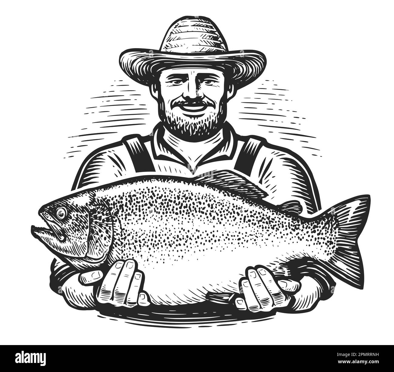 Pêche sportive, illustration du croquis. Un pêcheur heureux tiré à la main dans un chapeau tient le gros poisson pris dans ses mains Banque D'Images
