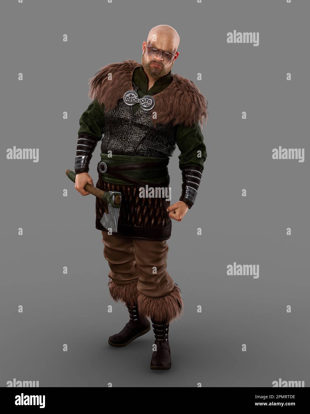 Guerrier viking moyen Norse debout dans une posture agressive avec de la peinture de guerre sur son visage et une hache barbu dans sa main. 3D rendu isolé sur gris b Banque D'Images