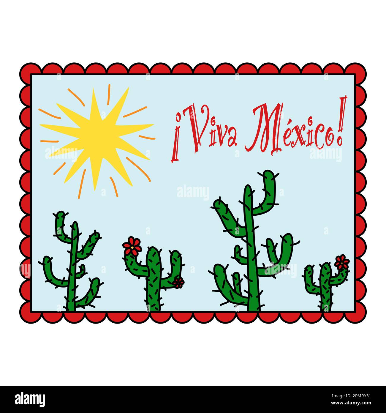 Carte postale, carte de vœux ou aimant pour réfrigérateur avec texte cactus, soleil et Viva Mexico, illustration vectorielle de style doodle Illustration de Vecteur