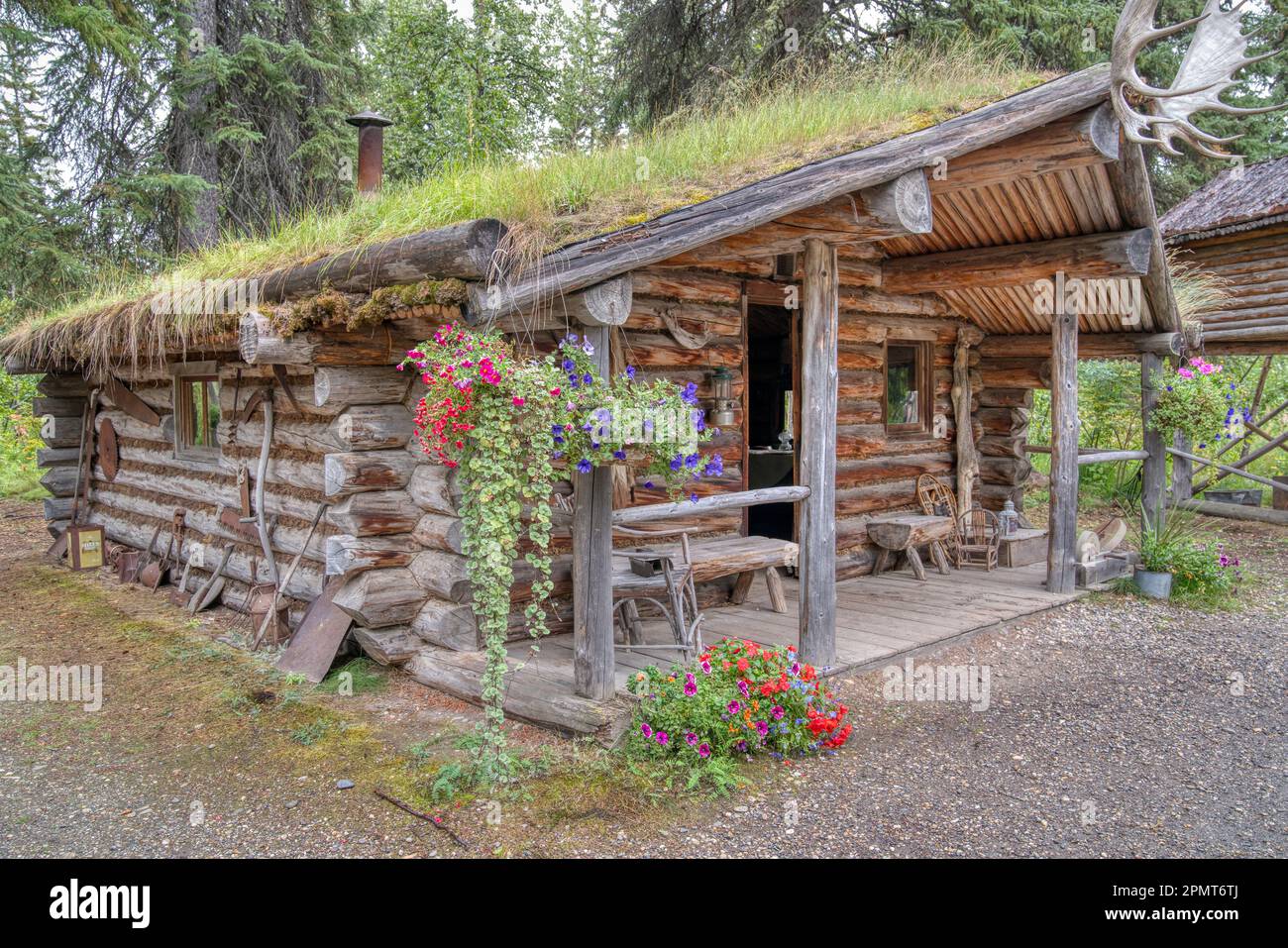 Chalet en bois de Old Trapper en Alaska Banque D'Images