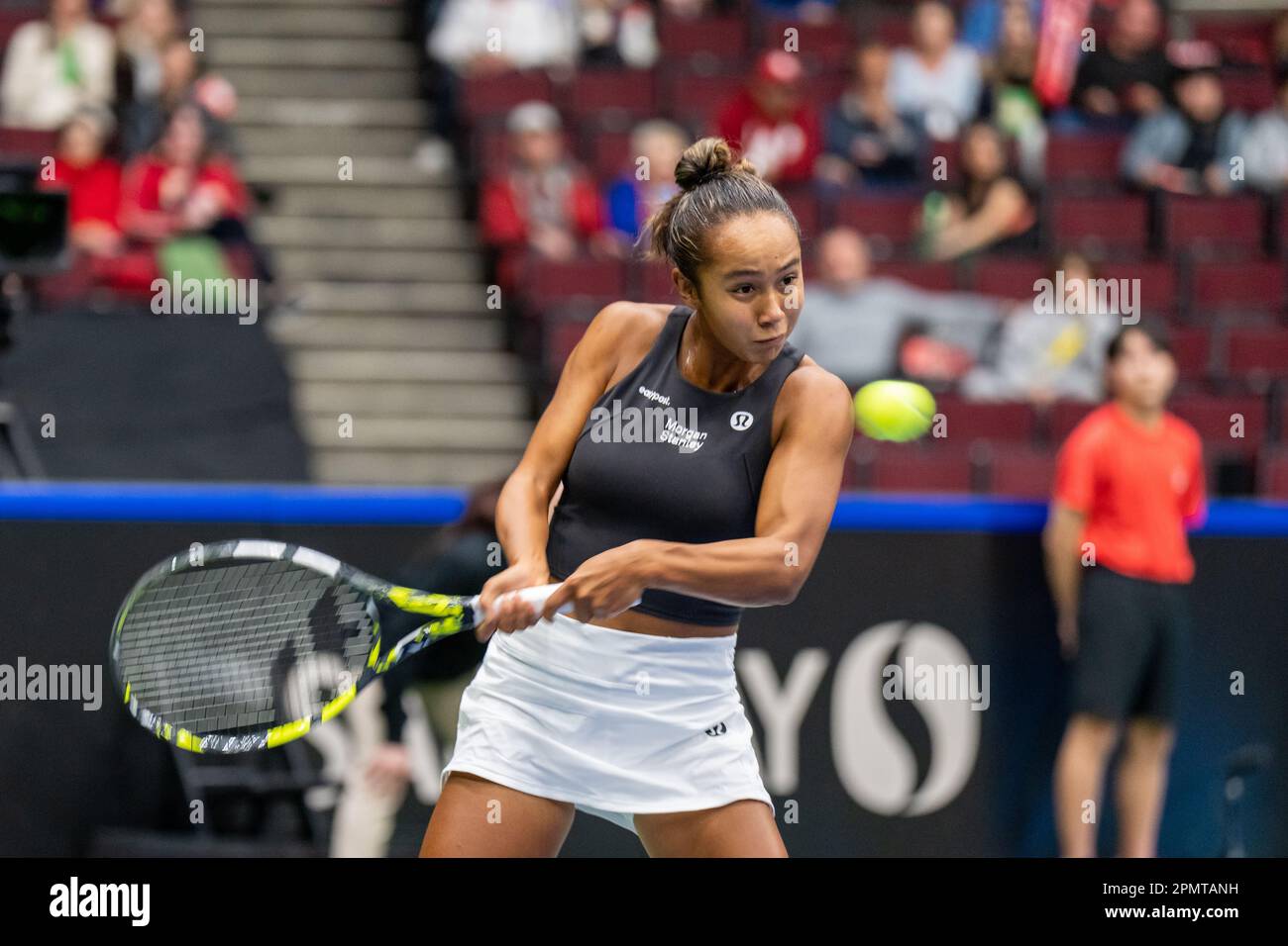 Vancouver, Canada. 14th avril 2023. Leylah Fernandez, du Canada, en action contre Yanina Wickmayer, de Belgique, lors de la coupe Billie Jean King au Pacific Coliseum. Crédit : Joe ng/Alay Live News Banque D'Images