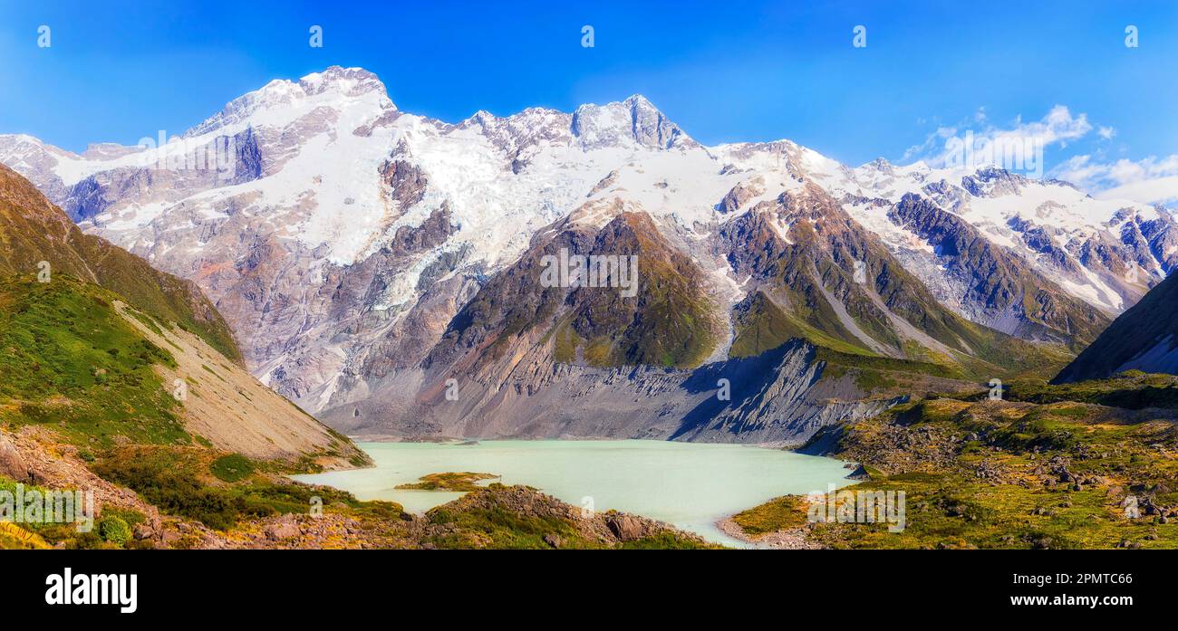 Panorama panoramique sur la montagne du lac Hooker, uedn Mt Cook, dans le parc national d'Aoraki, en Nouvelle-Zélande. Banque D'Images