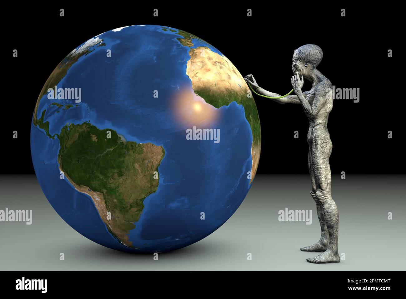 Extraterrestre avec stéthoscope à l'écoute de la Terre, illustration Banque D'Images