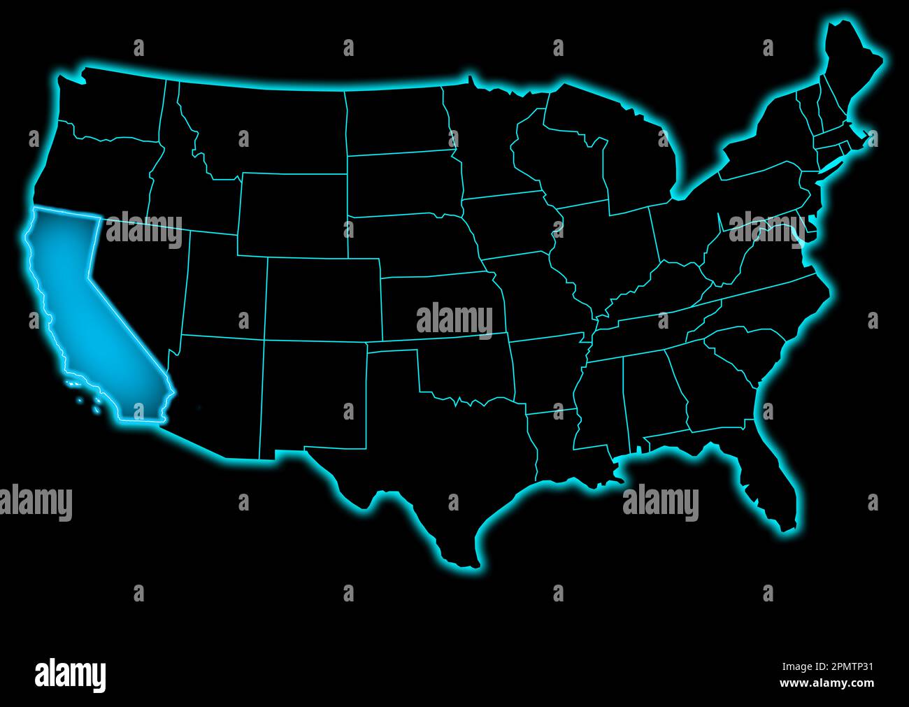 Carte des Etats-Unis californie avec les frontières des etats sur un fond noir. Banque D'Images
