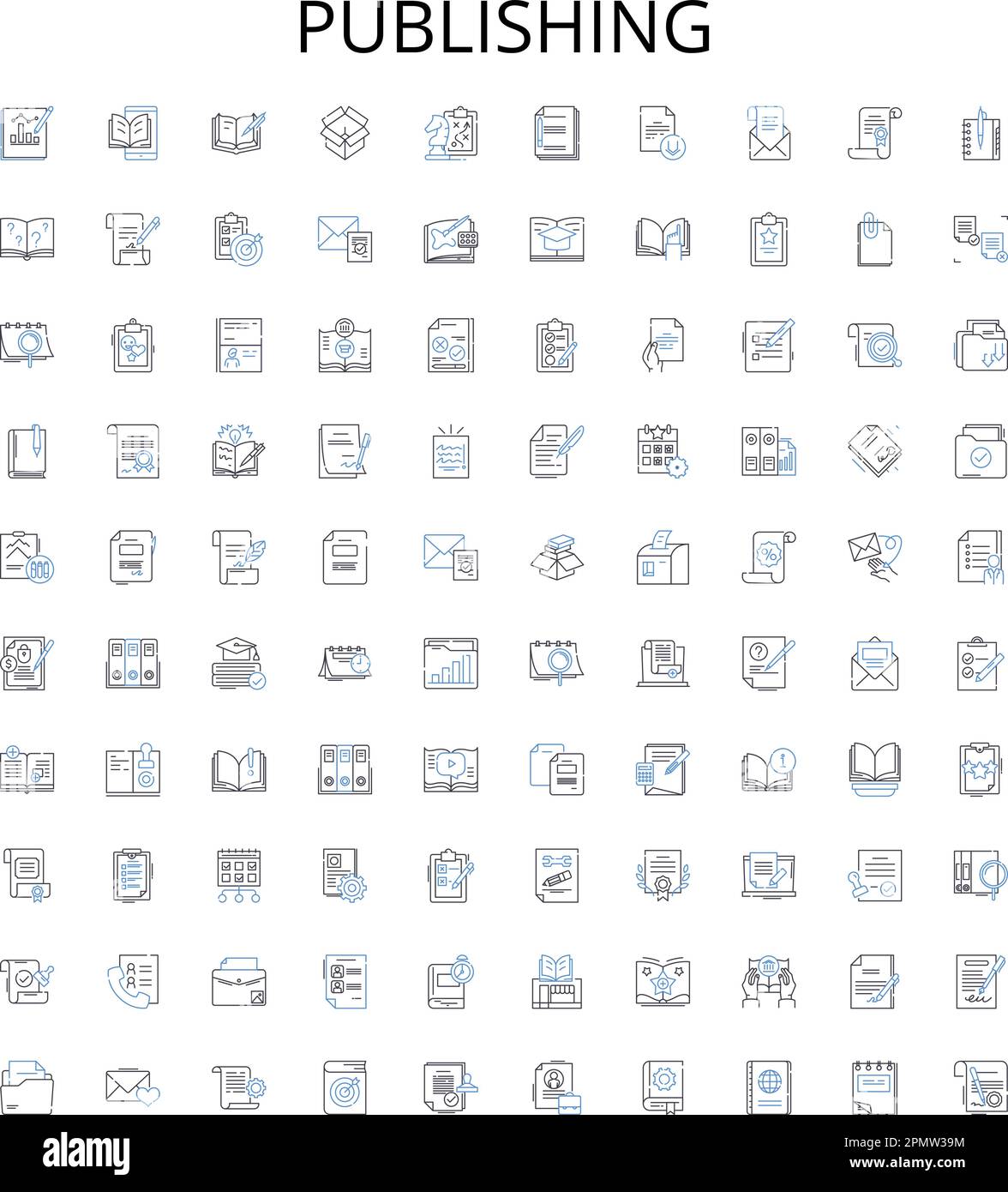 Publication de la collection d'icônes de contour. Impression, distribution, création, modification, abonnement, Merchandising, ensemble d'illustrations vectorielles marketing Illustration de Vecteur