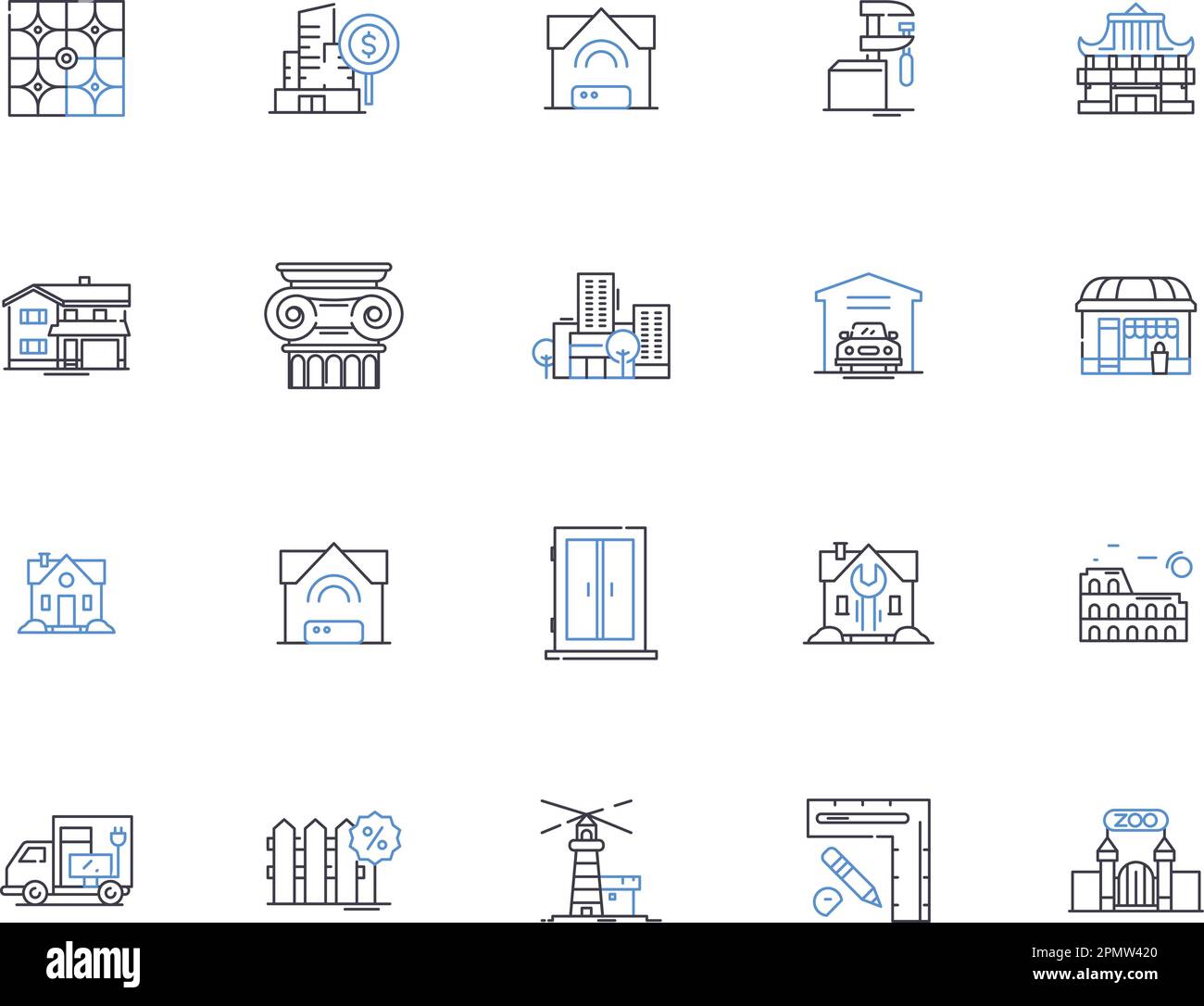Contient la collection d'icônes de contour. Maison, Résidence, Abode, habitation, Hôtel particulier, Chambres, Villa vecteur et concept d'illustration. Appartement, Cottage Illustration de Vecteur