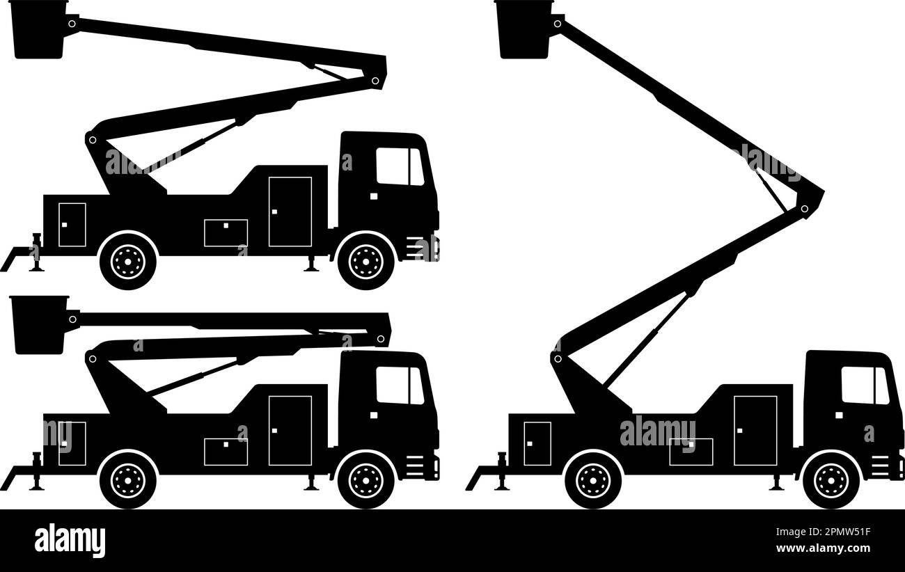 Silhouette de camion à benne sur fond blanc illustration vectorielle. Les icônes du chariot du cueilleur de cerisier définissent la vue du côté Illustration de Vecteur