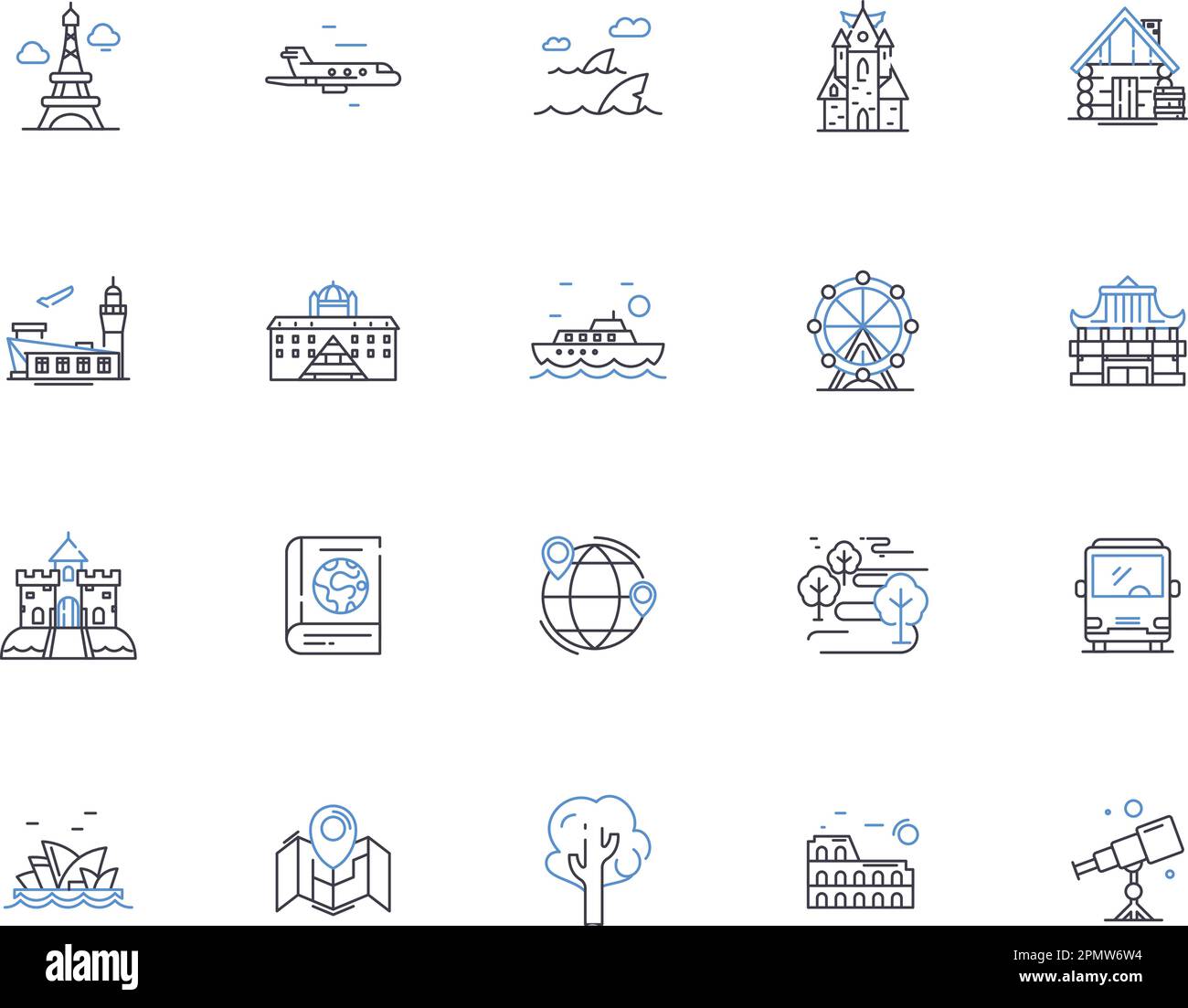 Collection World Travel Outline Icons. tourisme, voyage, voyages, explorer, expéditions, wanderlust, croisières vecteur et illustration concept ensemble Illustration de Vecteur