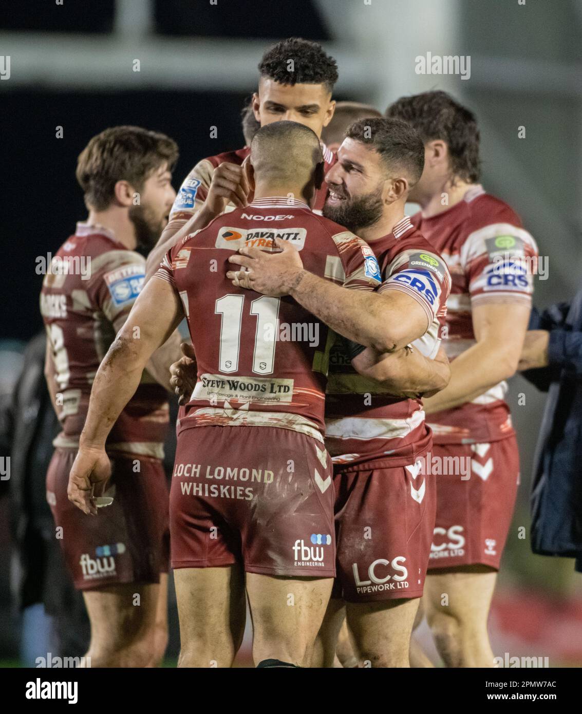 Warrington, Cheshire, Angleterre 14th avril 2023. Wigan célèbre le résultat à plein temps, pendant Warrington Wolves V Wigan Warriors Rugby League football Club au stade Halliwell Jones, The Betfred Super League, Warrington (Credit image: ©Cody Froggatt/Alay Live news) Banque D'Images