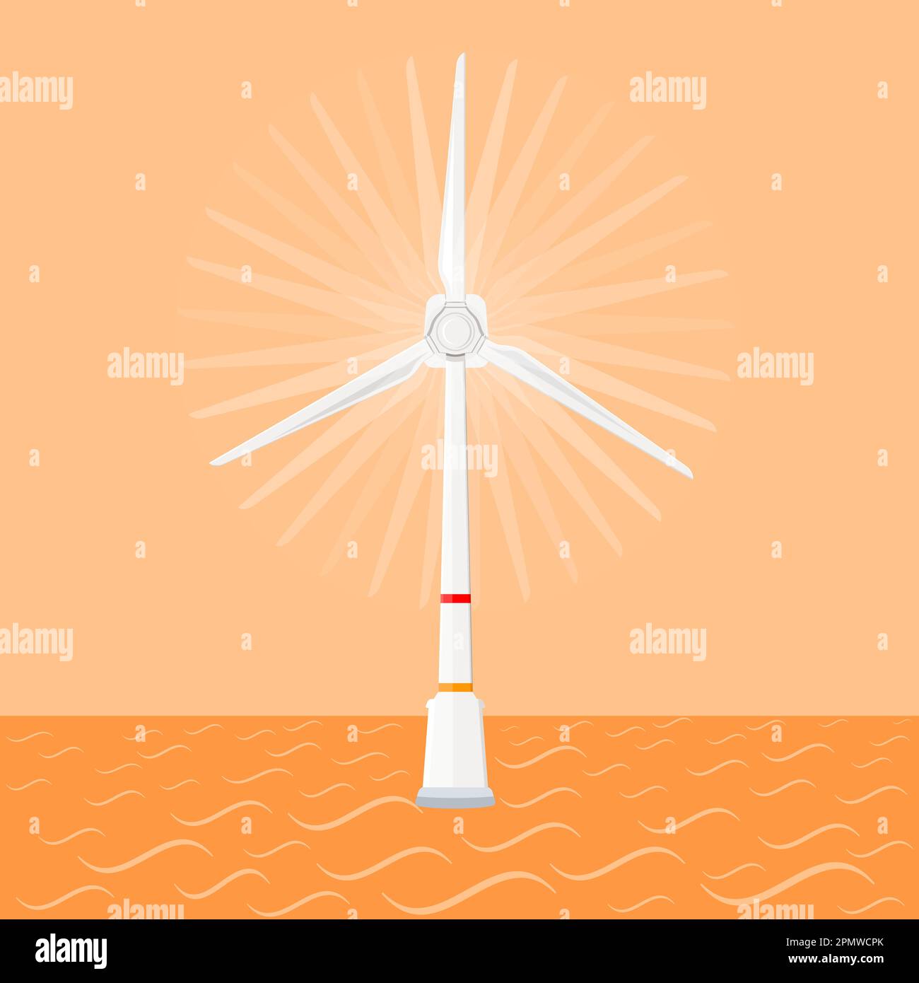 Éolienne sur la mer au coucher du soleil. Énergie éolienne et ressources renouvelables. Illustration vectorielle plate Illustration de Vecteur