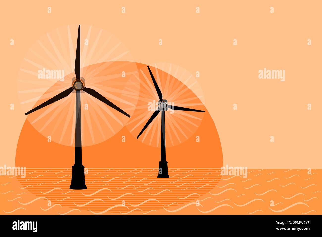 Parc d'éoliennes en mer au coucher du soleil. Énergie éolienne et ressources renouvelables. Illustration vectorielle plate Illustration de Vecteur