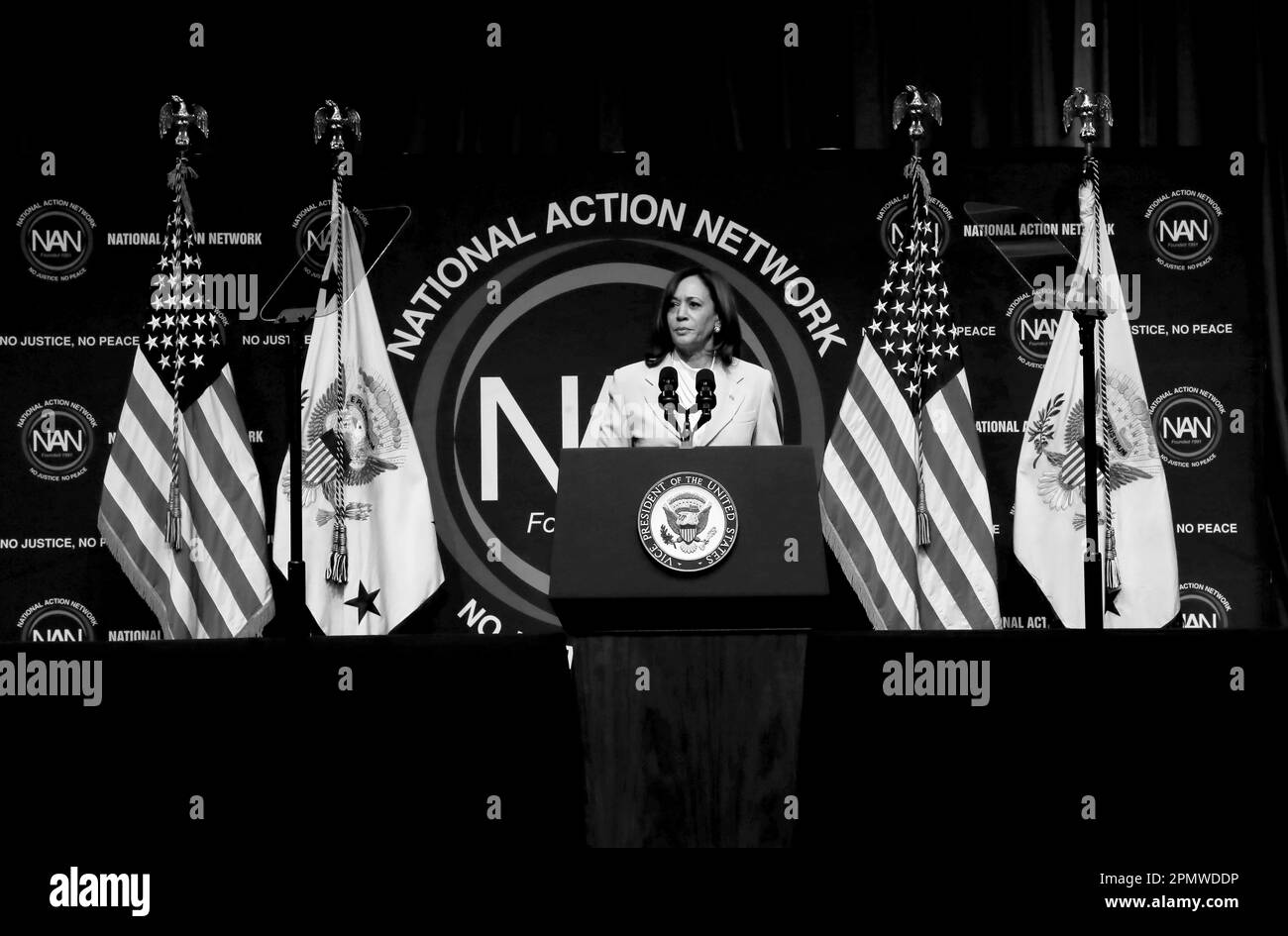 NEW YORK, NY - 14 avril: Des centaines de personnes se réunissent pour assister à l'allocution du conférencier principal de la Convention du réseau national d'action de 2023 par les États-Unis Le vice-président Kamala Harris s'est tenu à l'hôtel Sheraton Times Square sur 14 avril 2023, dans la section Times Square de New York. Chris Moore/MediaPunch crédit: MediaPunch Inc/Alamy Live News Banque D'Images