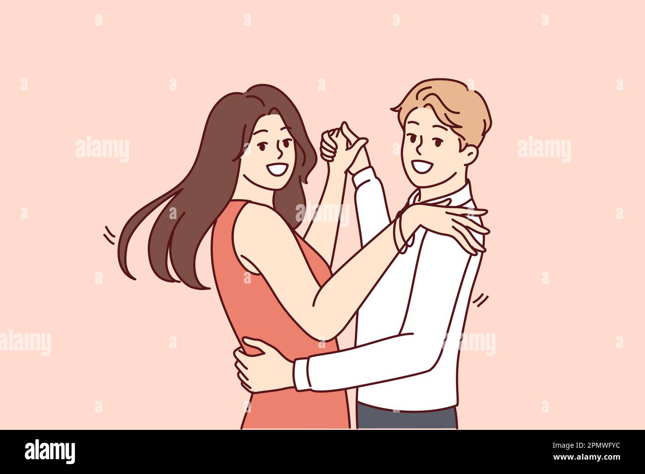 L'homme et les femmes dansant bachata ou salsa souhaitent devenir des danseurs latins professionnels et s'embrasser partenaire regardant la caméra. Couple heureux de garçons et de filles dansant à la musique en club ou sur la piste de danse Illustration de Vecteur