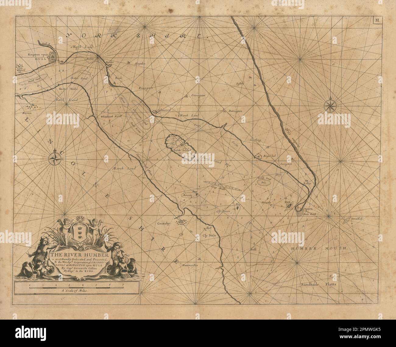 Carte de la mer de l'estuaire de la rivière Humber. Hull, Grimsby et Barton. CARTE COLLINS 1693 Banque D'Images