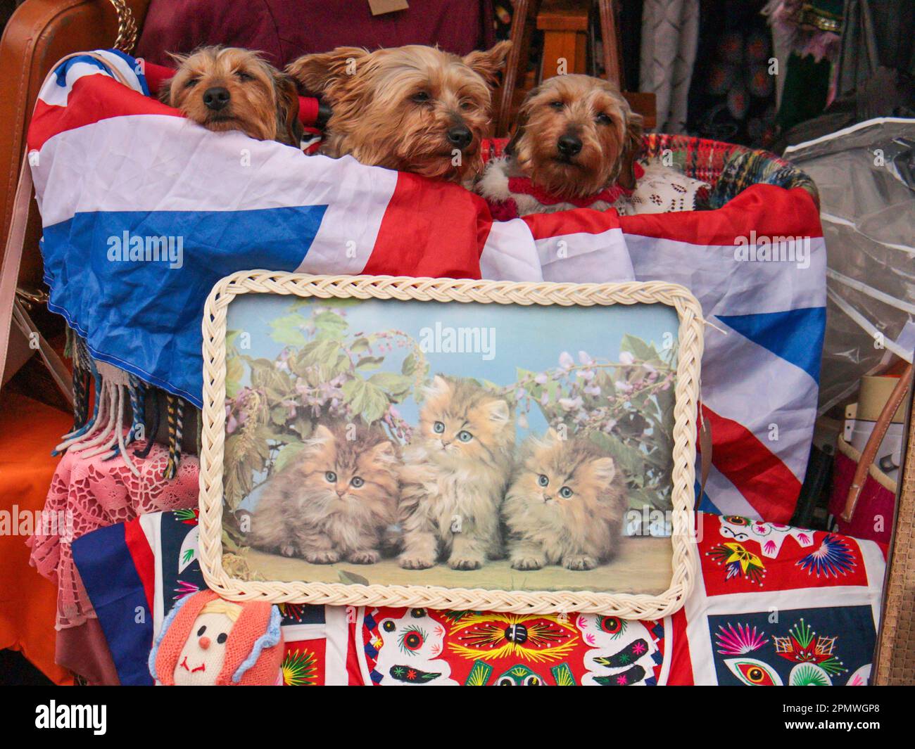 Londres, Royaume-Uni. 15th avril 2023. Mode vintage, accessoires, articles pour la maison et objets de collection - tous vendus à partir des bottes de voitures d'époque de tête-tournant. L'écran comprend un vélo tandem rare Raleigh Chopper, des vélos Classic Raleigh Chopper, Electric Bond Bug et le reliant Scimitar GTE. Crédit : Paul Quezada-Neiman/Alay Live News Banque D'Images