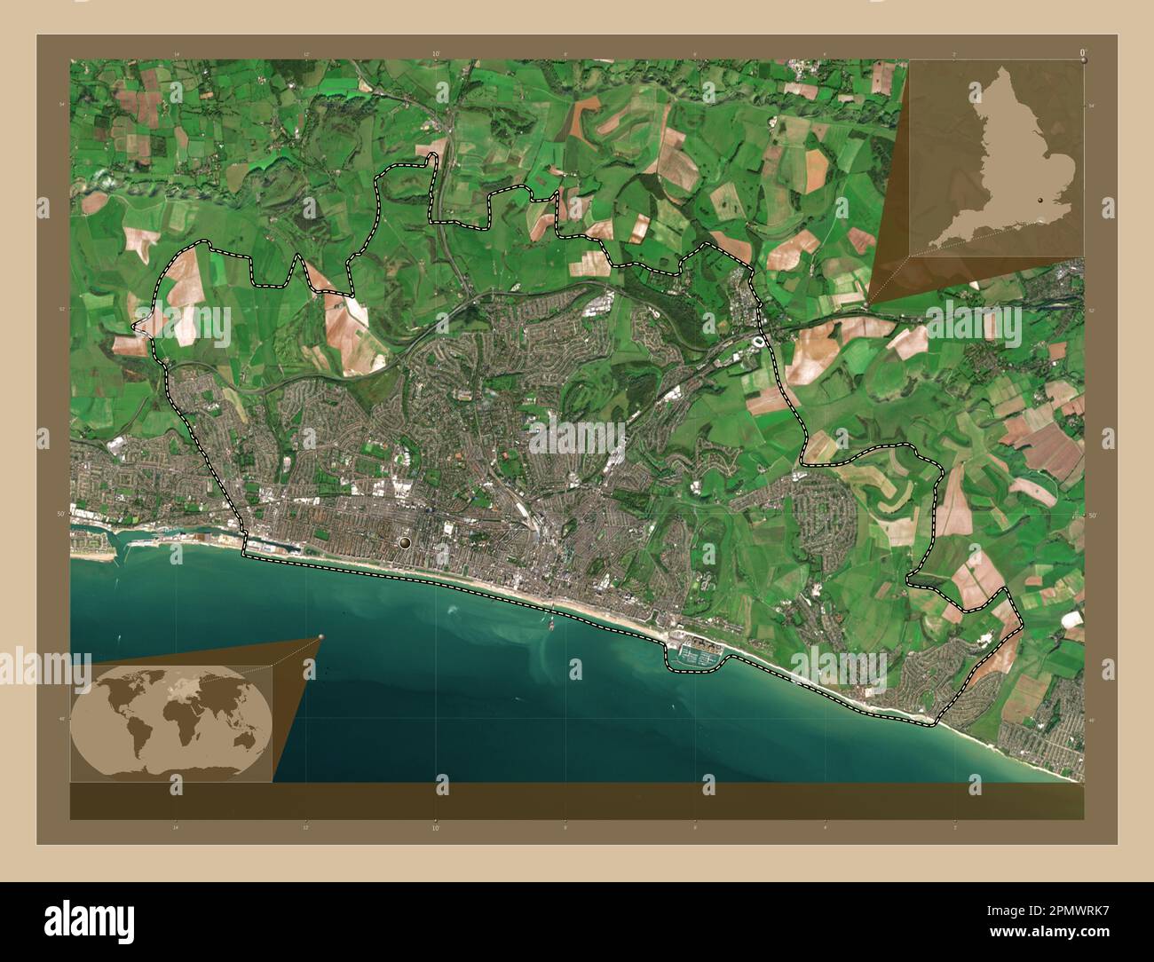 Brighton et Hove, autorité unitaire de l'Angleterre - Grande-Bretagne. Carte satellite basse résolution. Cartes d'emplacement auxiliaire d'angle Banque D'Images