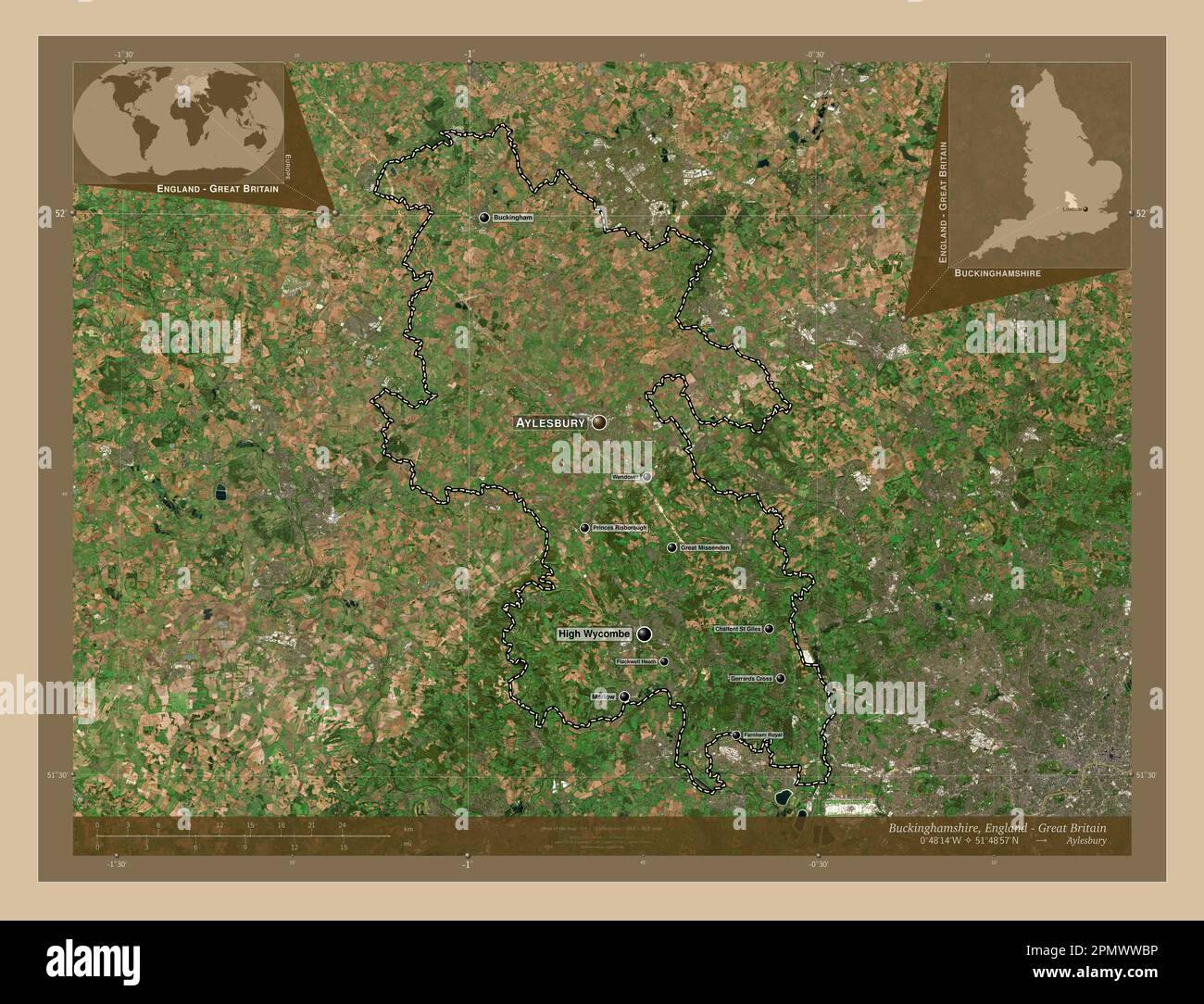 Buckinghamshire, comté administratif d'Angleterre - Grande-Bretagne. Carte satellite basse résolution. Lieux et noms des principales villes de la région. Co Banque D'Images