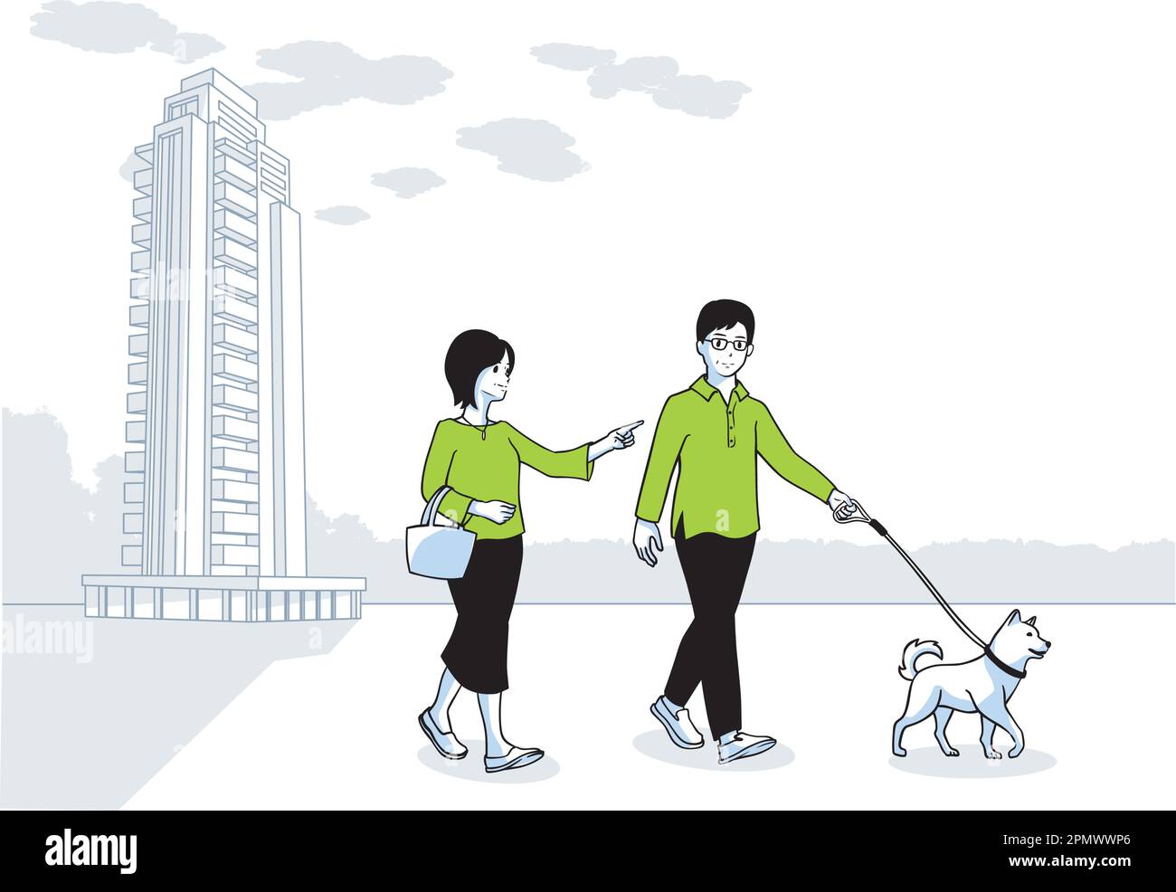 Illustration de couple senior marchant leur chien avec un appartement tour en arrière-plan.Appartement tour résidentiel.Appartement tour haute. Banque D'Images
