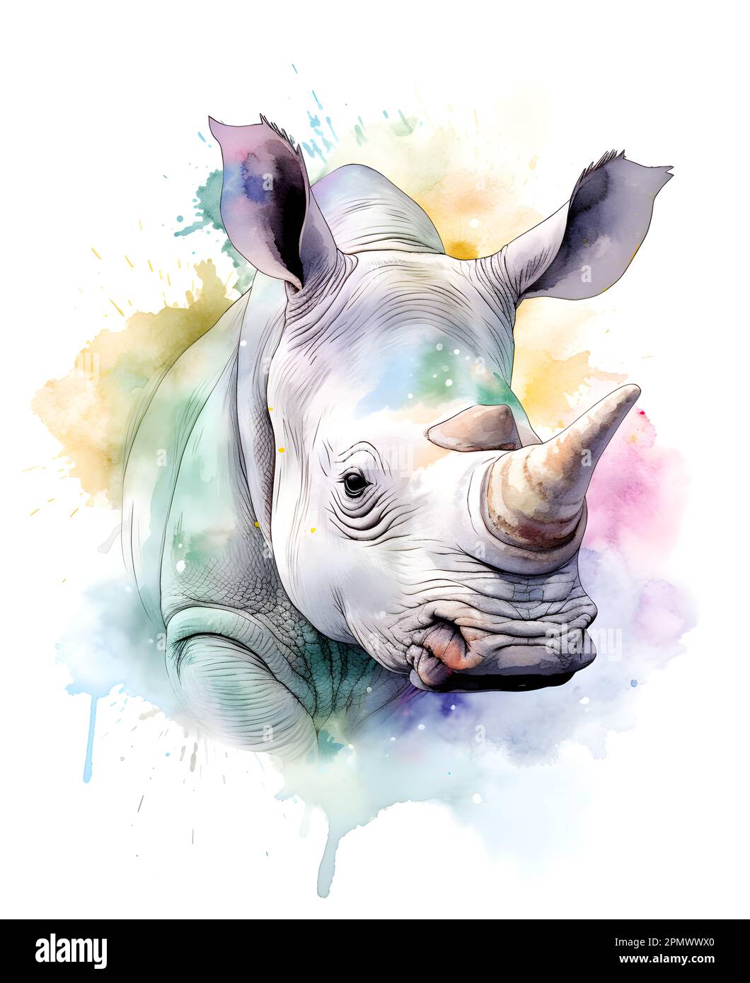 Portrait aquarelle d'un rhinocéros blanc. Affiche pour les enfants avec des animaux amusants et heureux. Banque D'Images