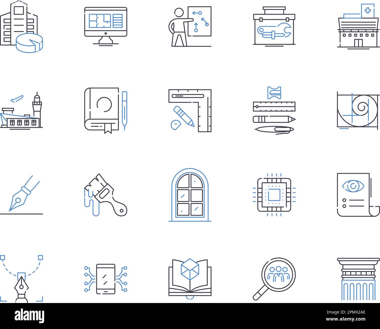 Collection d'icônes de contour Engineering Essentials. Ingénierie, principes de base, conception, fabrication, Sciences de l'ingénierie, Structure, vecteur d'automatisation Illustration de Vecteur