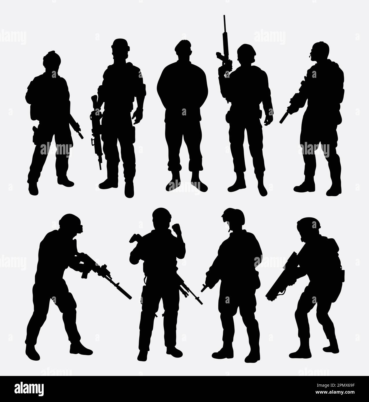 Soldat militaire avec arme pose silhouette Illustration de Vecteur