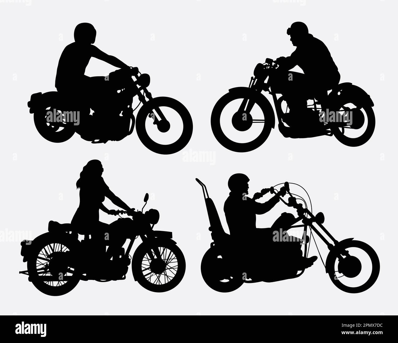 Hommes et femmes à cheval silhouettes de moto vintage Illustration de Vecteur