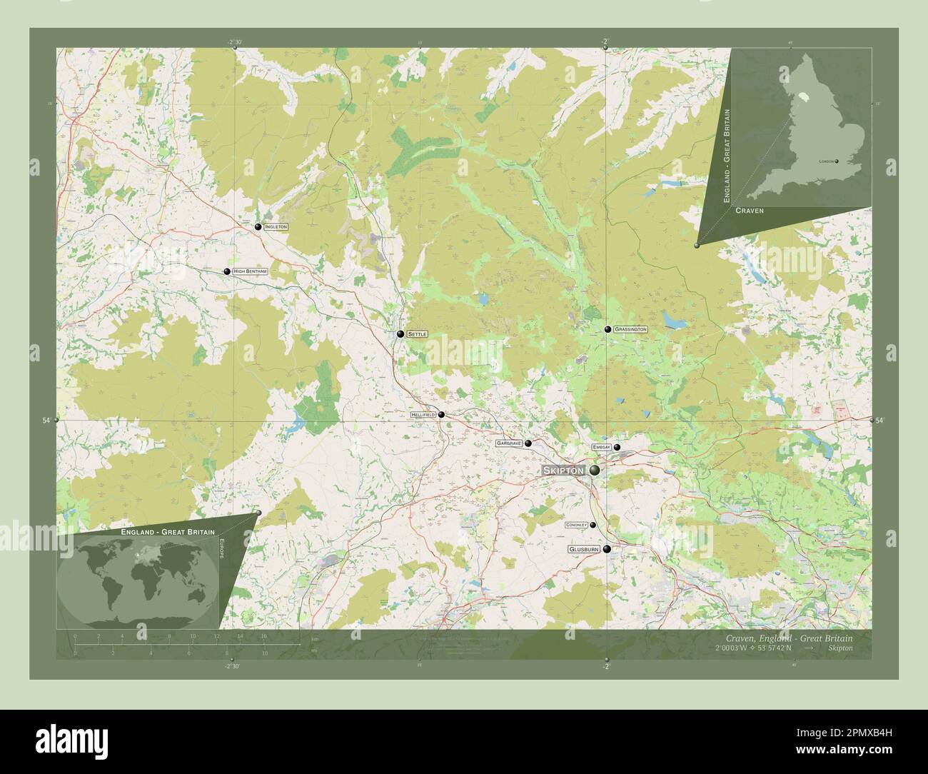 Craven, quartier non métropolitain d'Angleterre - Grande-Bretagne. Ouvrez la carte des rues. Lieux et noms des principales villes de la région. Emplacement auxiliaire de coin Banque D'Images