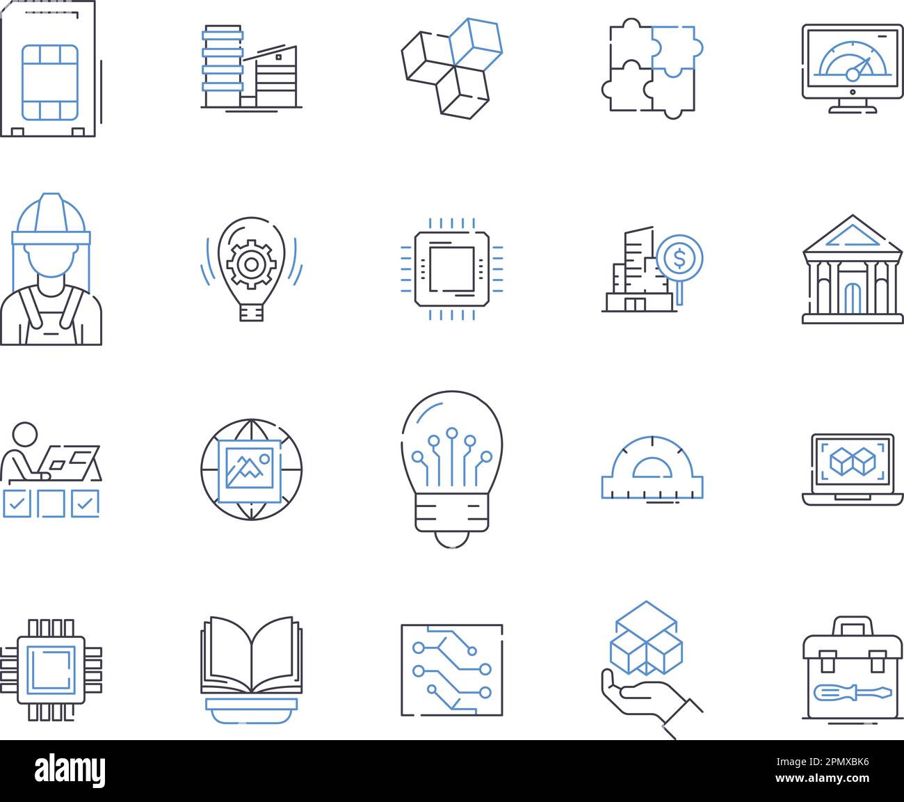 Collection d'icônes de contour Engineering Essentials. Ingénierie, principes de base, conception, fabrication, Sciences de l'ingénierie, Structure, vecteur d'automatisation Illustration de Vecteur