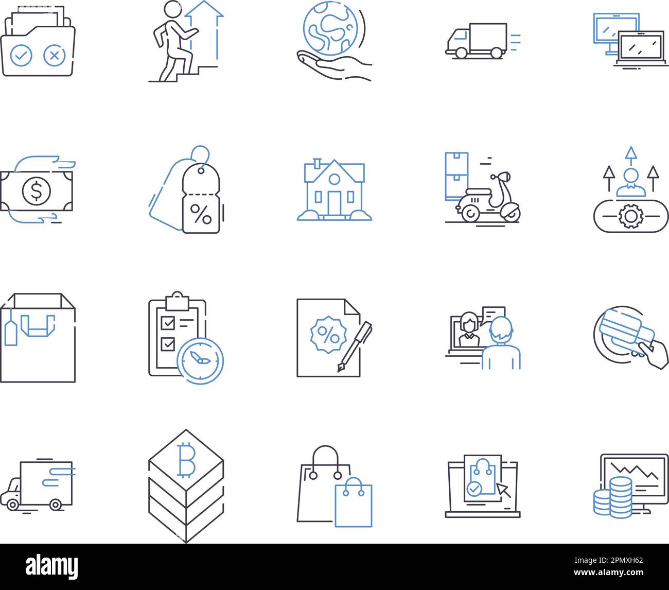 Collection d'icônes de contour de commerce et de finition. Finance, négociation, marchés, investissement, banque, Ensemble de concepts Exchange, Funds Vector et Illustration. Stocks Illustration de Vecteur