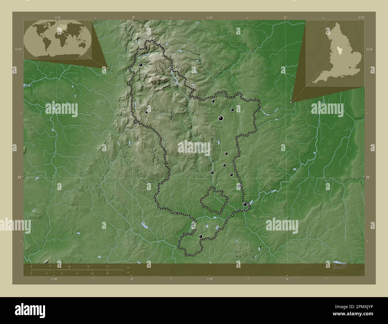 Derbyshire, comté administratif d'Angleterre - Grande-Bretagne. Carte d'altitude colorée en style wiki avec lacs et rivières. Emplacements des principales villes de Banque D'Images