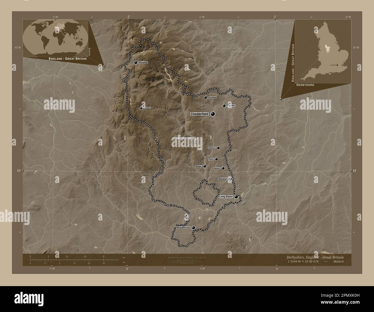 Derbyshire, comté administratif d'Angleterre - Grande-Bretagne. Carte d'altitude colorée en tons sépia avec lacs et rivières. Emplacements et noms des principaux Banque D'Images