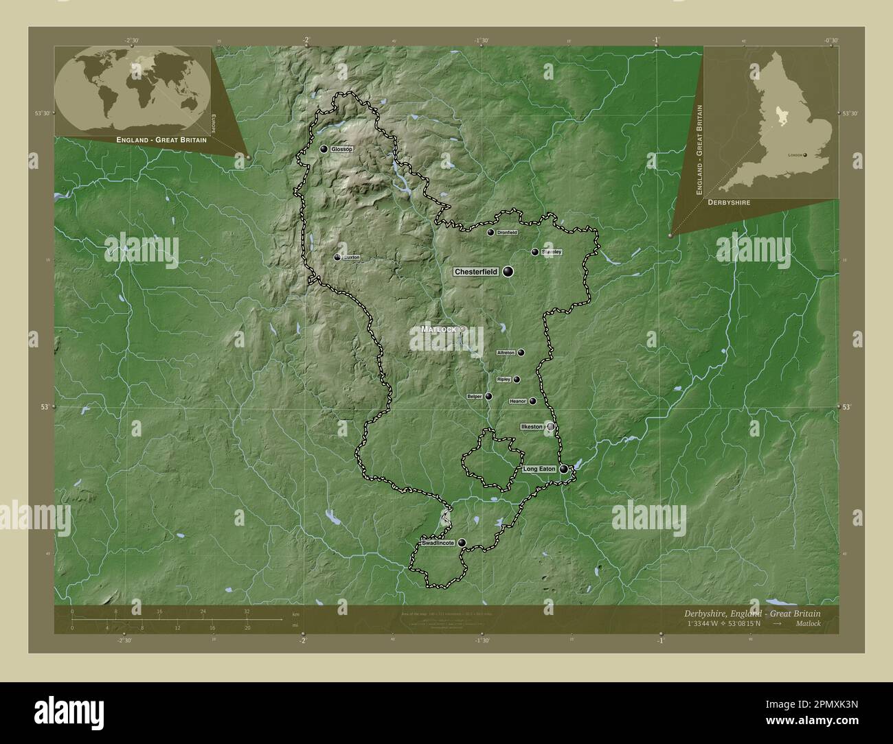 Derbyshire, comté administratif d'Angleterre - Grande-Bretagne. Carte d'altitude colorée en style wiki avec lacs et rivières. Emplacements et noms des principaux Banque D'Images