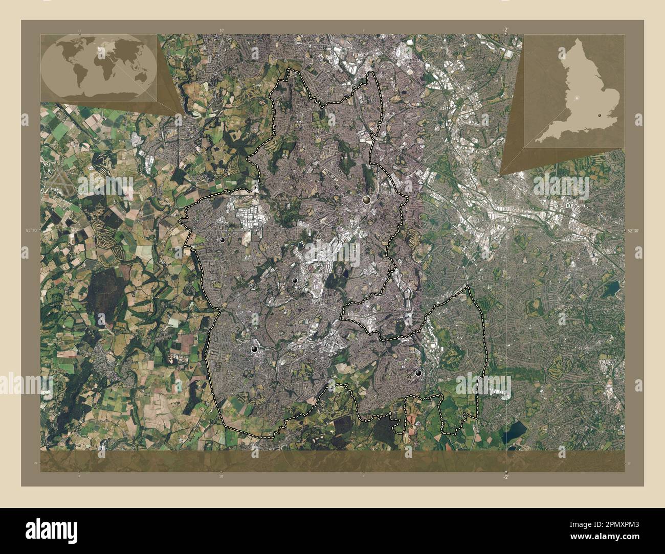 Dudley, comté administratif d'Angleterre - Grande-Bretagne. Carte satellite haute résolution. Lieux des principales villes de la région. Emplacement auxiliaire de coin Banque D'Images