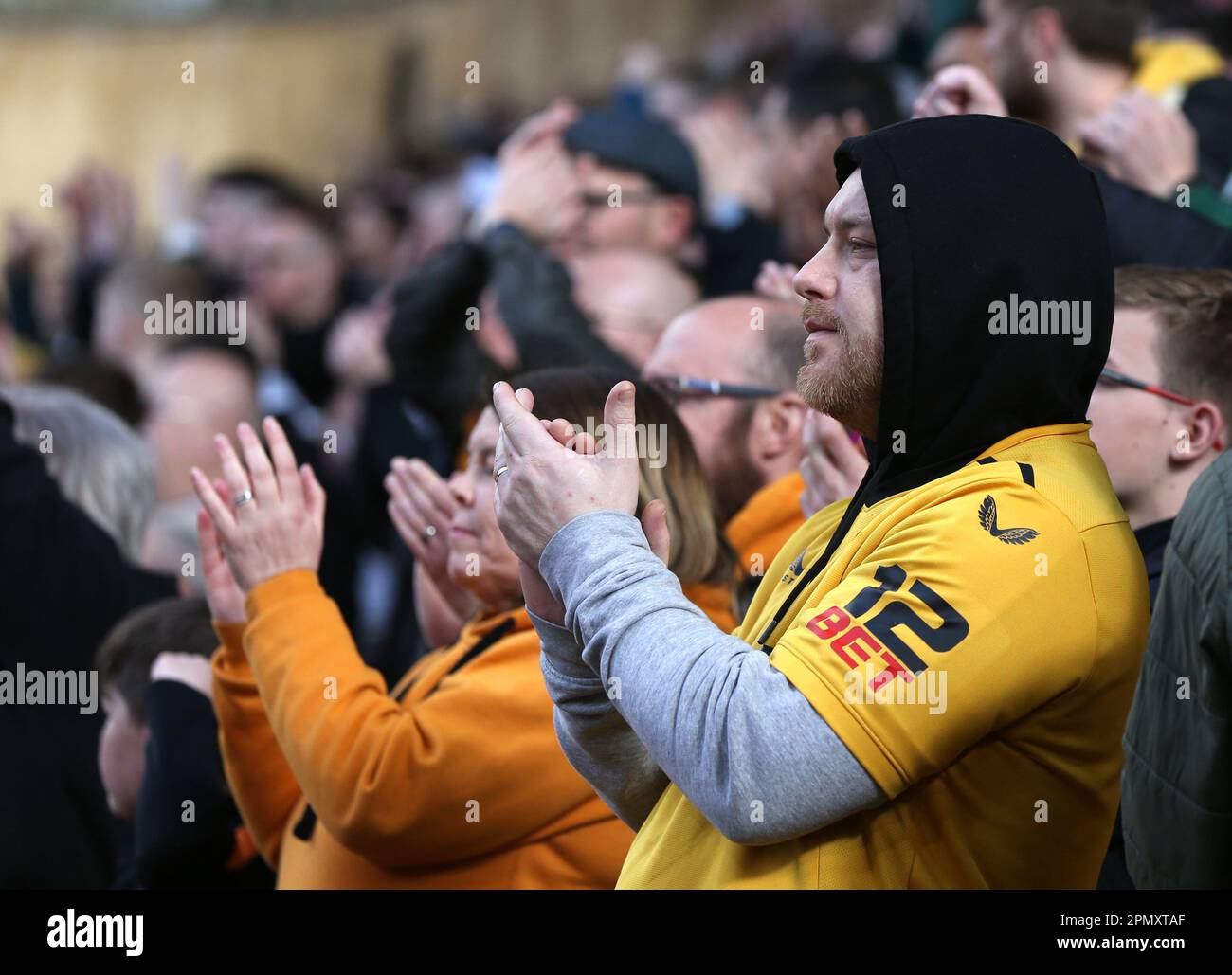 Les fans de Wolverhampton Wanderers célèbrent le match de la Premier League au stade Molineux, Wolverhampton. Date de la photo: Samedi 15 avril 2023. Banque D'Images