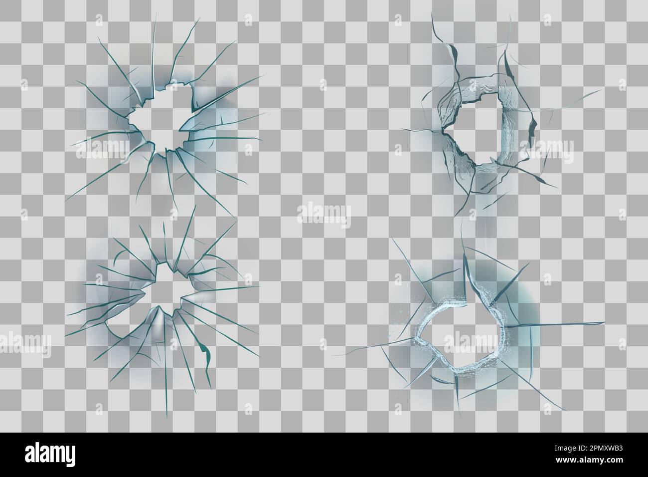 Verre cassé. Briser l'écran. Trou de balle dans la vitre présentant des fissures. Collision de glace. Des éclats et des éclats. Fragments de pare-brise. Arrière-plan transparent. Jeu d'effets de surface endommagés. Texture vectorielle réaliste Illustration de Vecteur