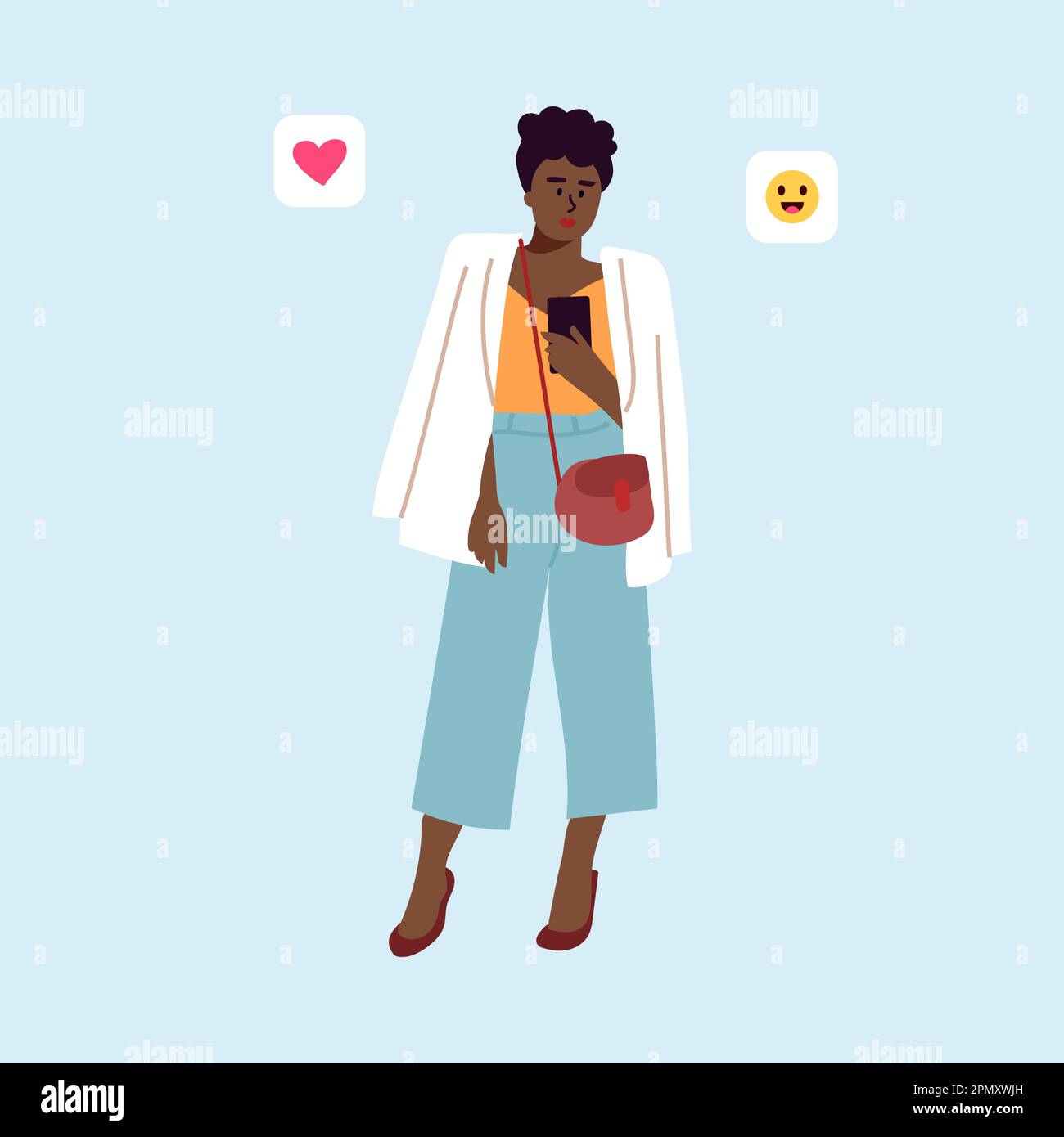 Personnes utilisant le téléphone. Personnage féminin avec smartphone. Messagerie Web. Conversation réseau. Lady tenant un appareil mobile. Communication Internet. Icônes de coeur smiley et d'amour. Vector Femme discutant en ligne Illustration de Vecteur