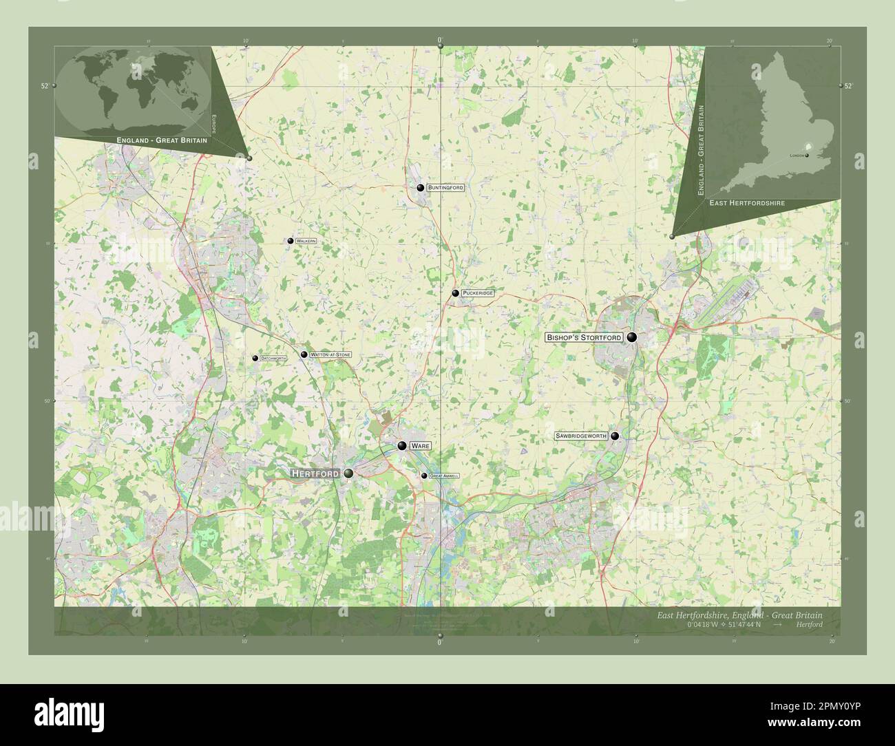 East Hertfordshire, district non métropolitain d'Angleterre - Grande-Bretagne. Ouvrez la carte des rues. Lieux et noms des principales villes de la région. Coin a Banque D'Images