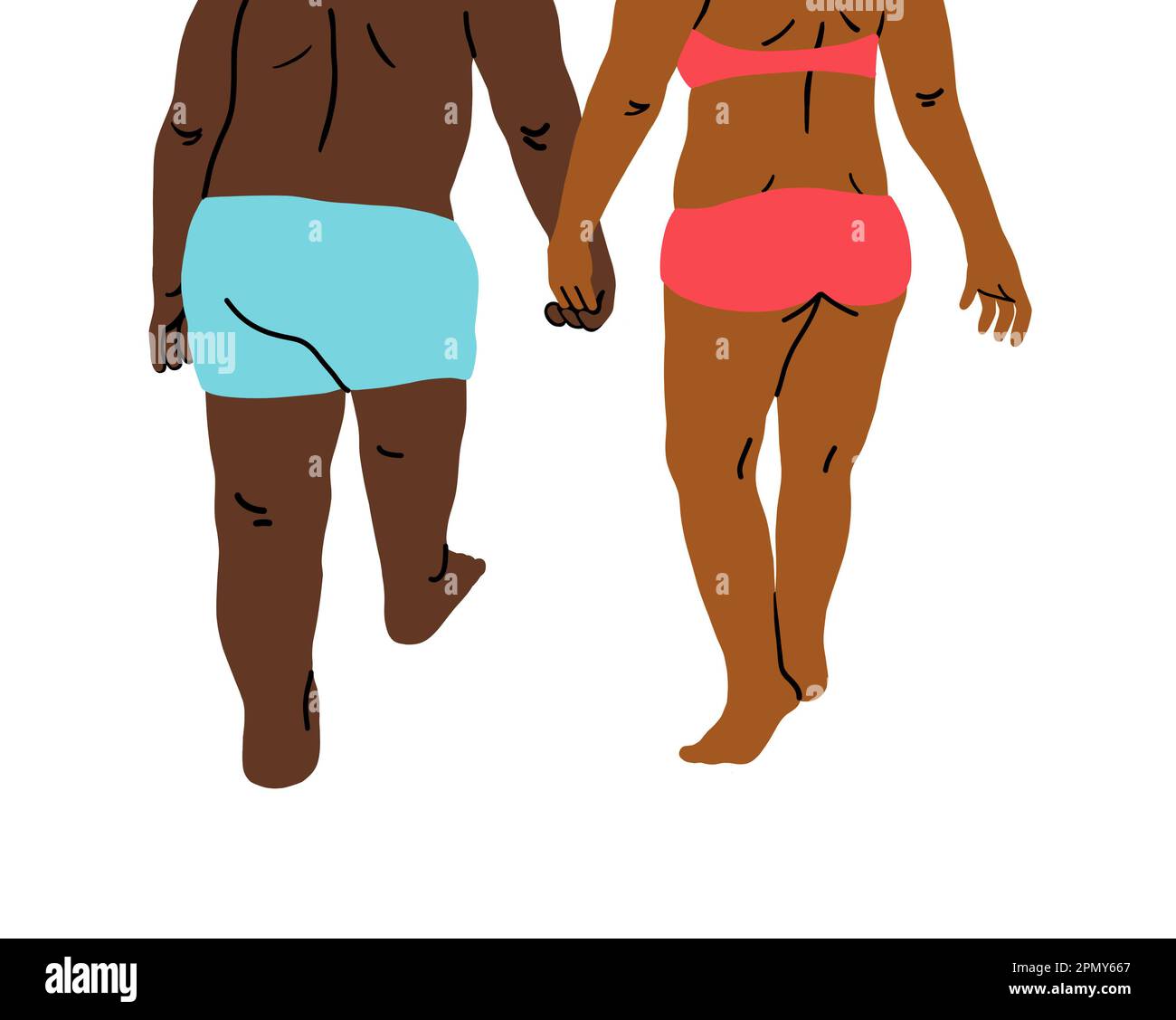 Deux jeunes couples africains noirs en maillot de bain marchant main dans la main. J'adore les vacances romantiques dans le concept de vacances d'été. Illustration. Banque D'Images