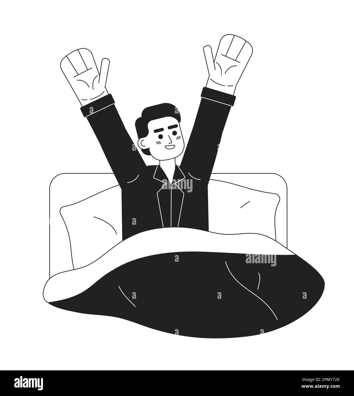 Un homme heureux se réveillant dans un lit monochromatique à vecteur plat Illustration de Vecteur