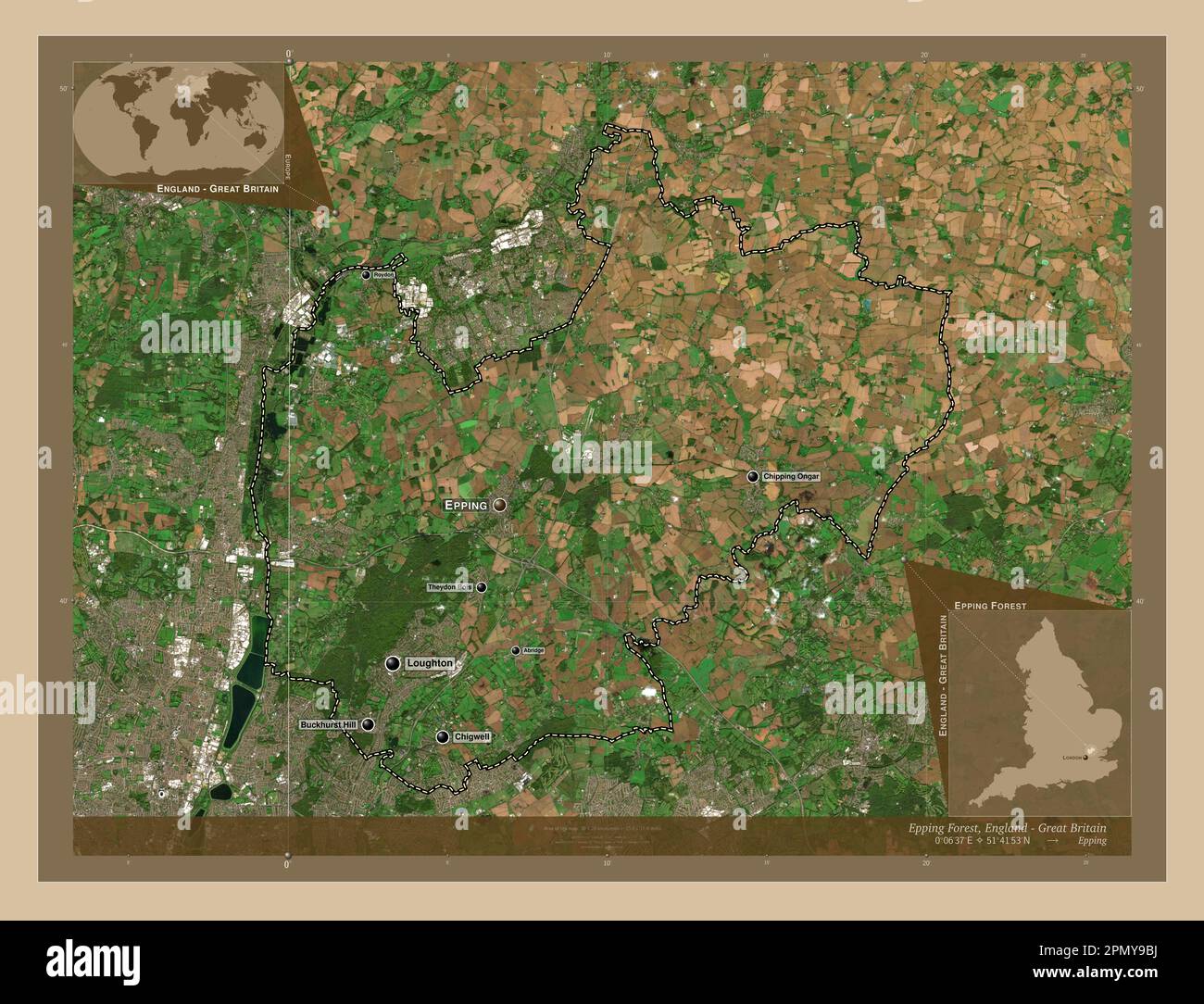 Epping Forest, quartier non métropolitain d'Angleterre - Grande-Bretagne. Carte satellite basse résolution. Lieux et noms des principales villes de la région. Banque D'Images