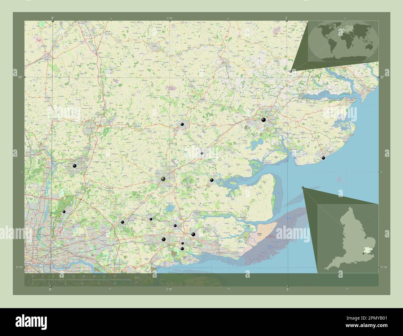 Essex, comté administratif d'Angleterre - Grande-Bretagne. Ouvrez la carte des rues. Lieux des principales villes de la région. Cartes d'emplacement auxiliaire d'angle Banque D'Images